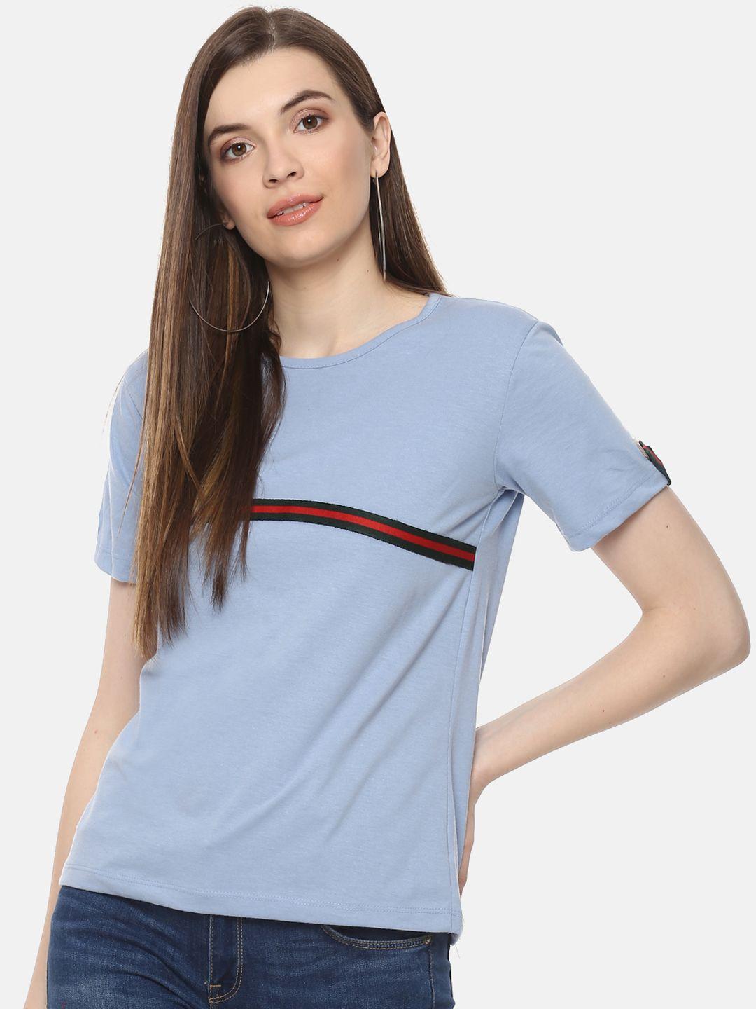 belle fille women blue solid round neck t-shirt