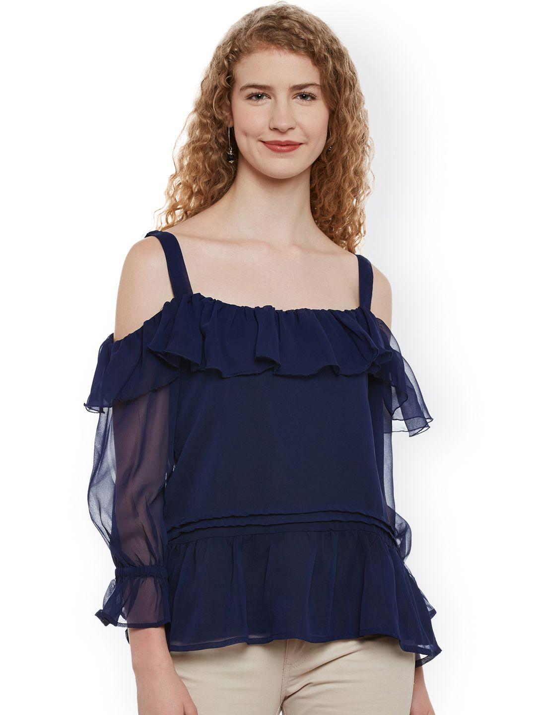 belle fille women blue solid semi-sheer top