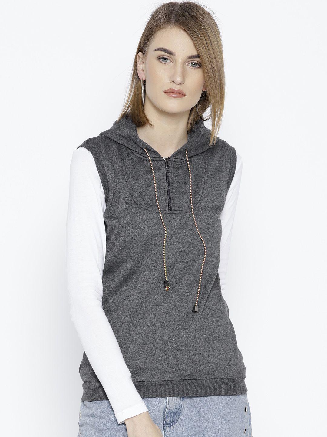 belle fille women charcoal grey solid hooded sweatshirt