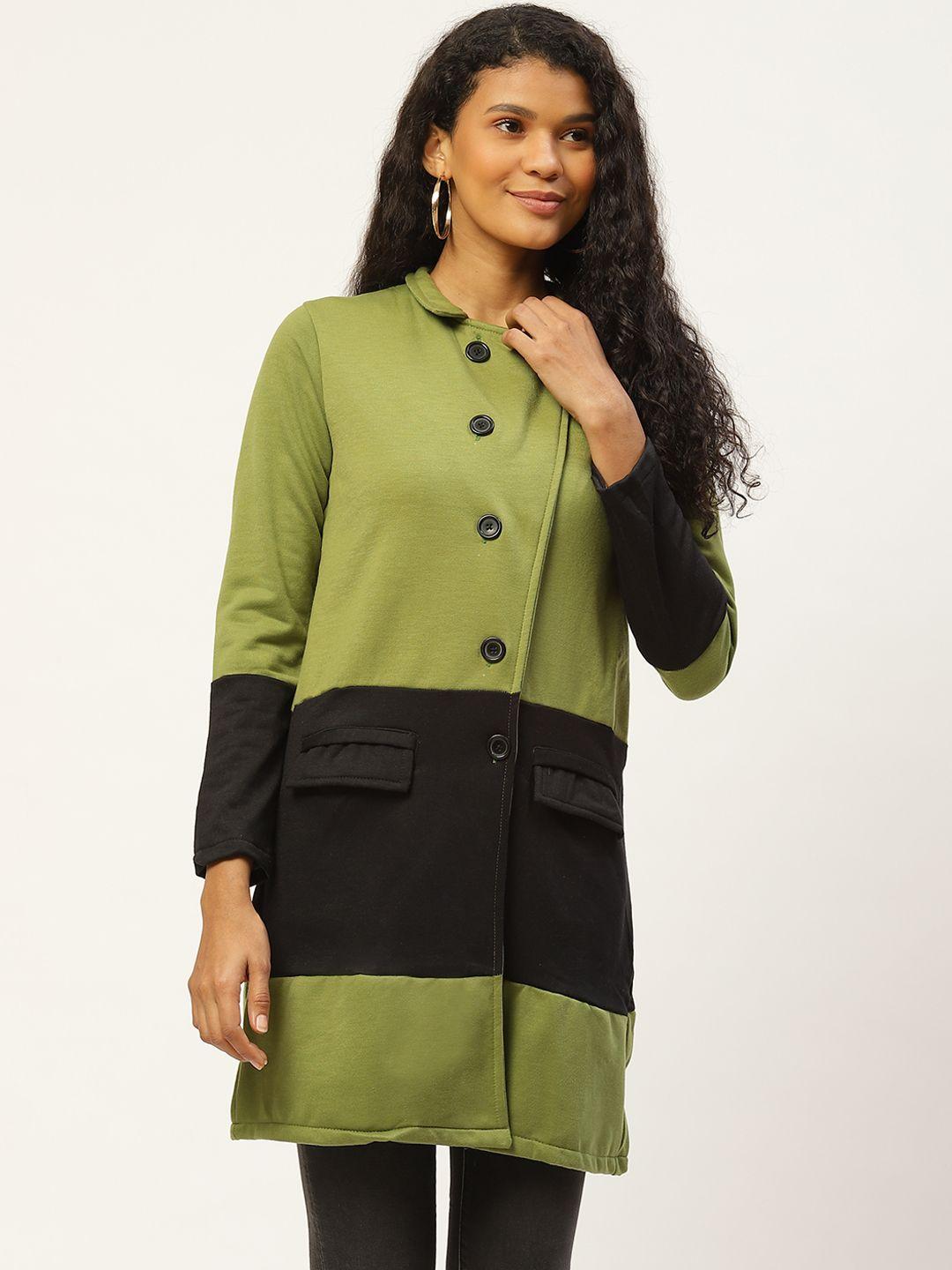 belle fille women green & black colourblocked overcoat