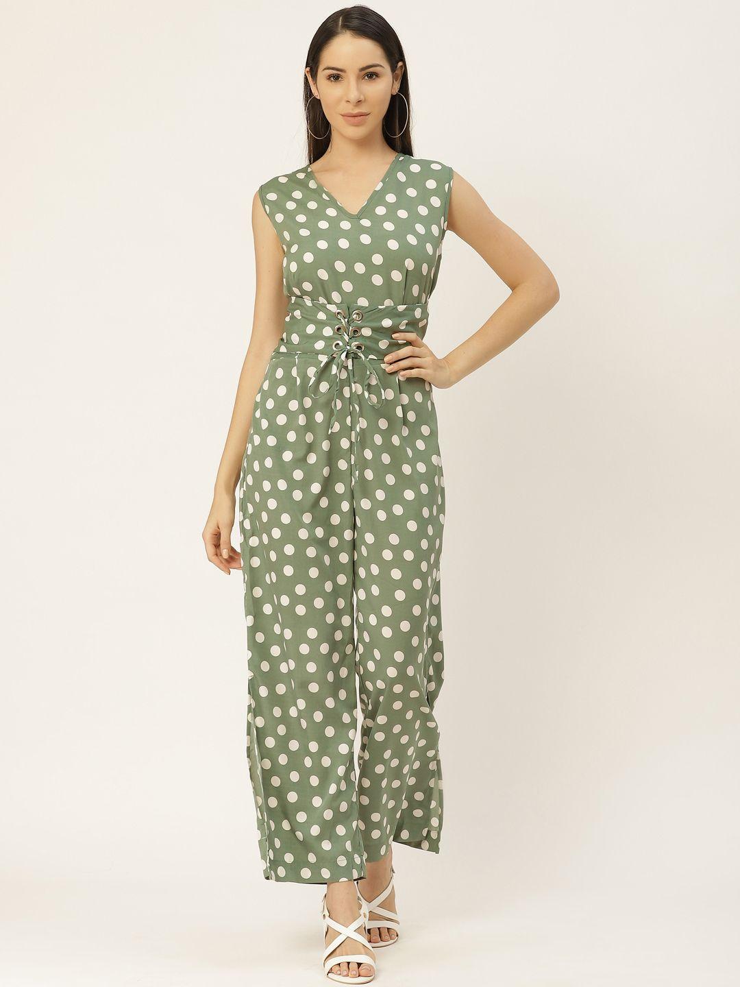 belle fille women green & off-white polka dot print lace-up basic jumpsuit