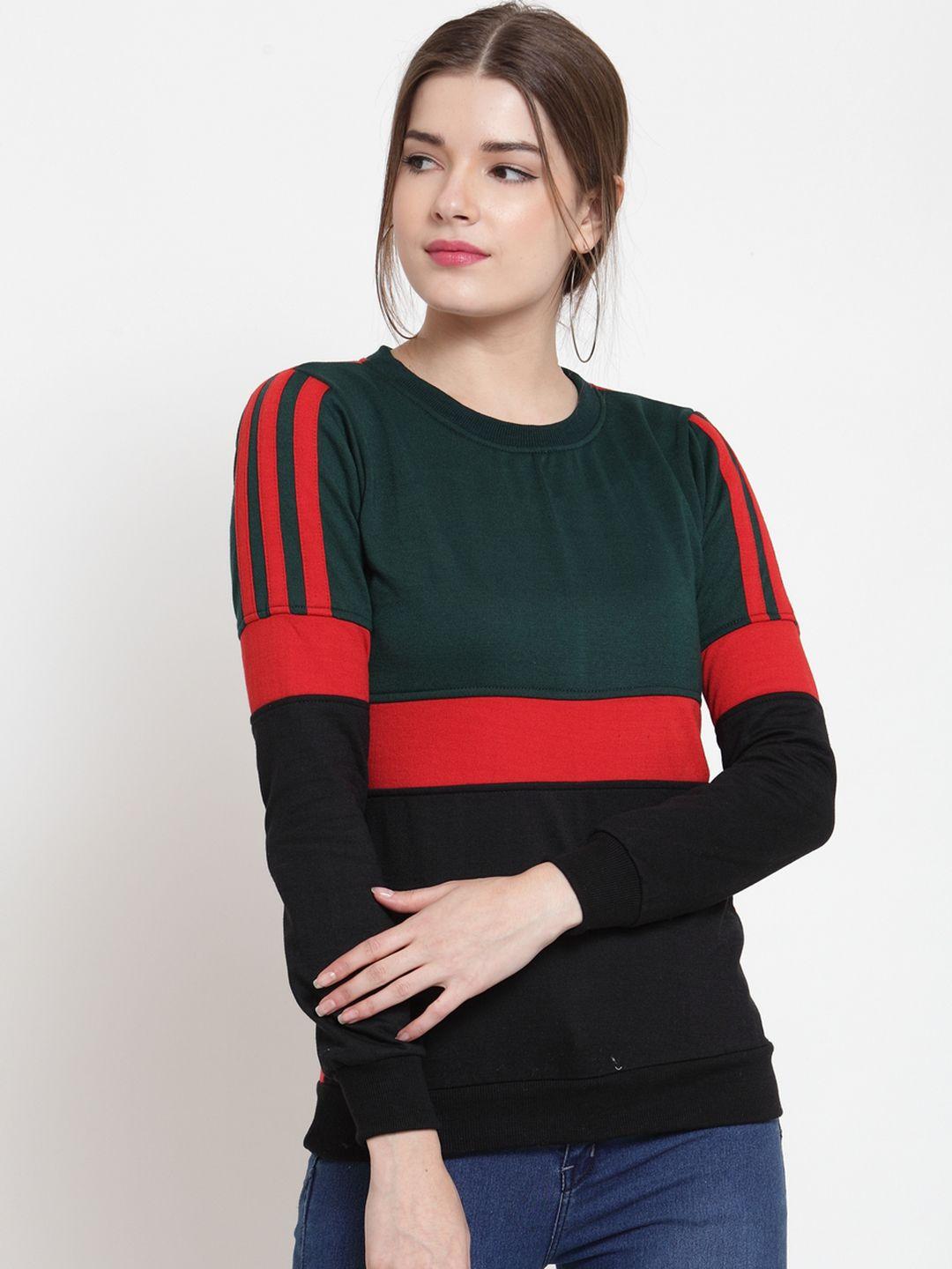 belle fille women green & red colourblocked sweatshirt