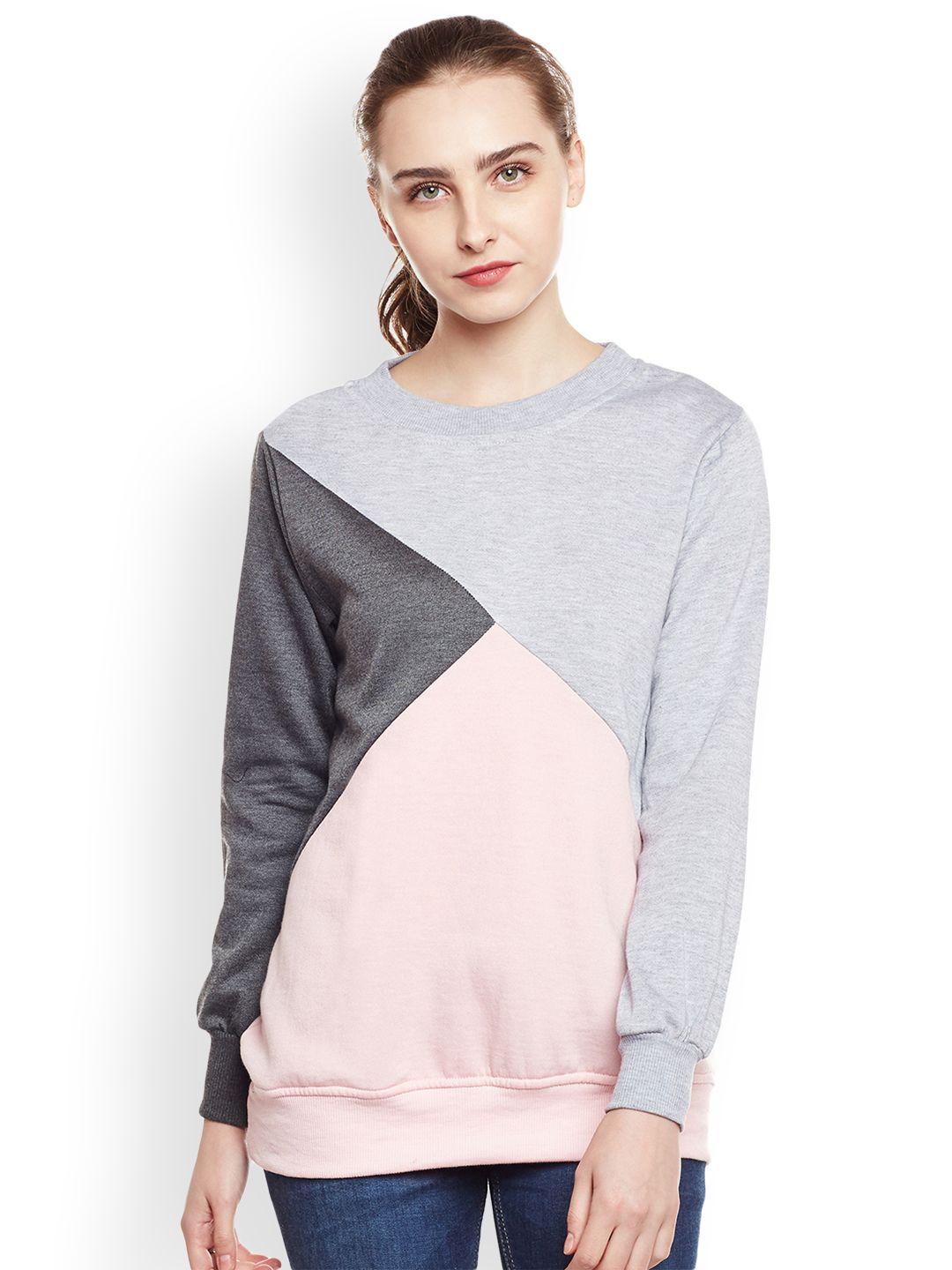 belle fille women grey & pink colourblocked sweatshirt