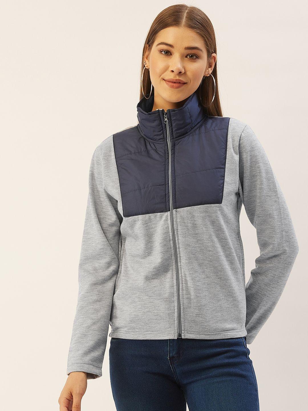 belle fille women grey melange & navyblue colourblocked fleece lightweight tailored jacket