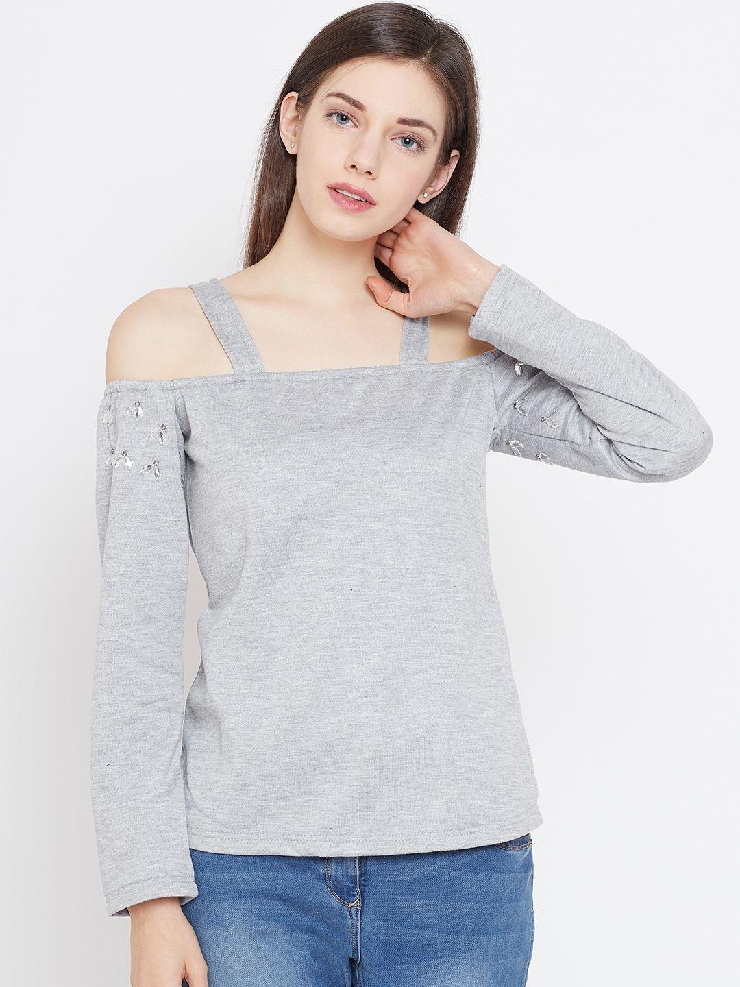 belle fille women grey melange solid bardot top