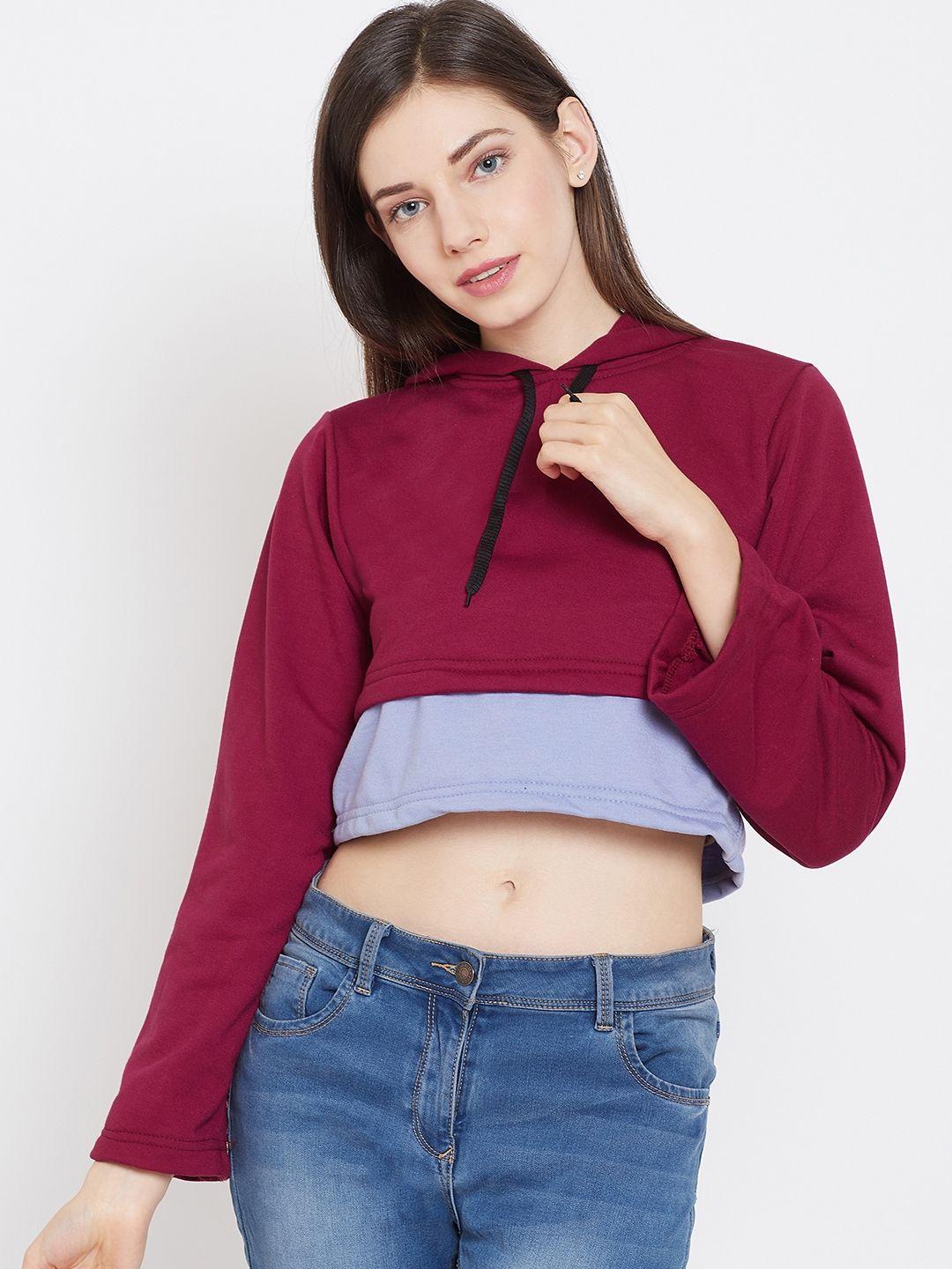 belle fille women maroon & blue colourblocked hooded crop sweatshirt