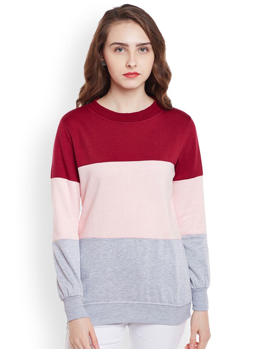 belle fille women maroon & grey melange colourblocked sweatshirt