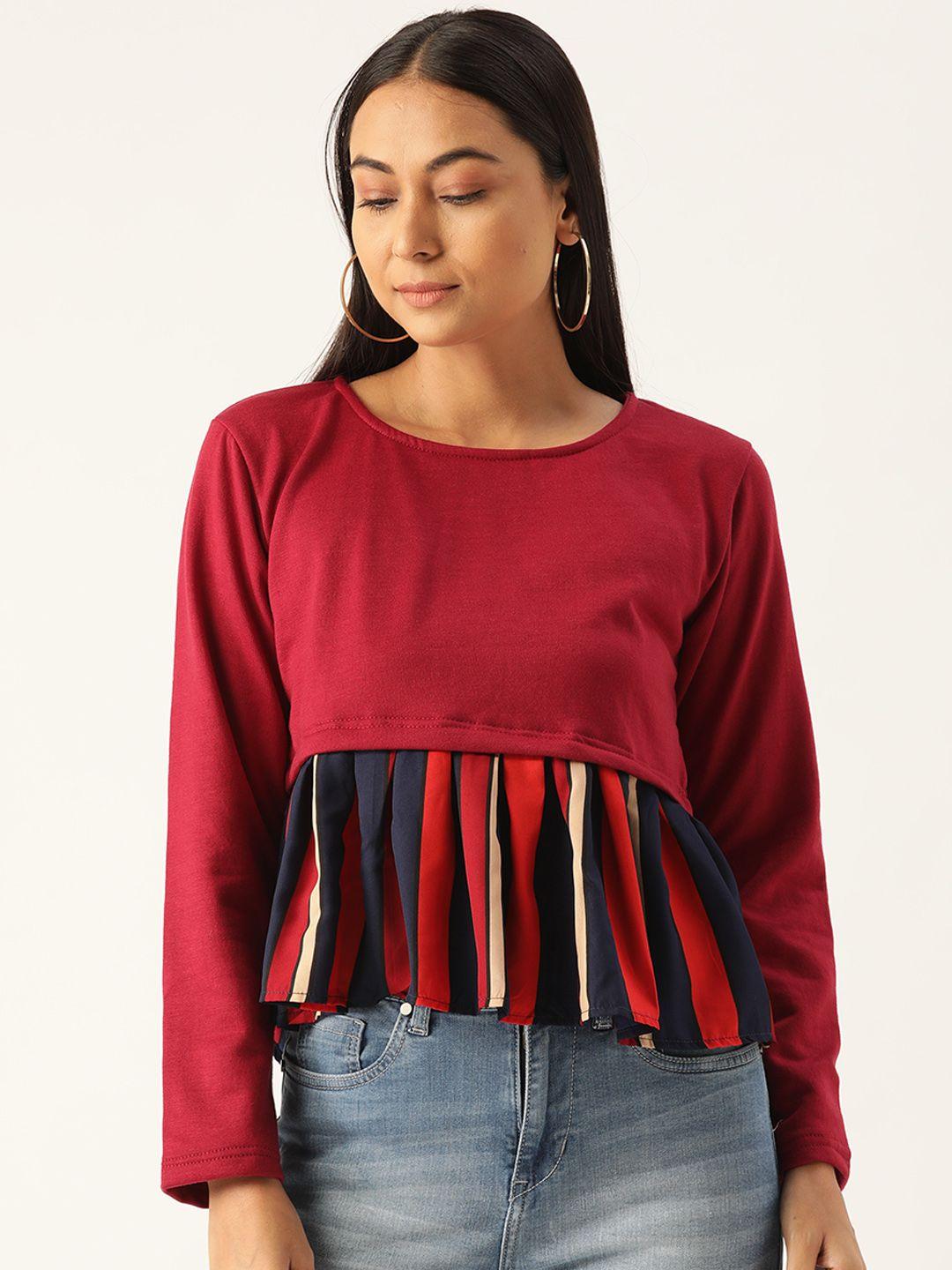 belle fille women maroon & navy blue striped a-line top with pleated detail