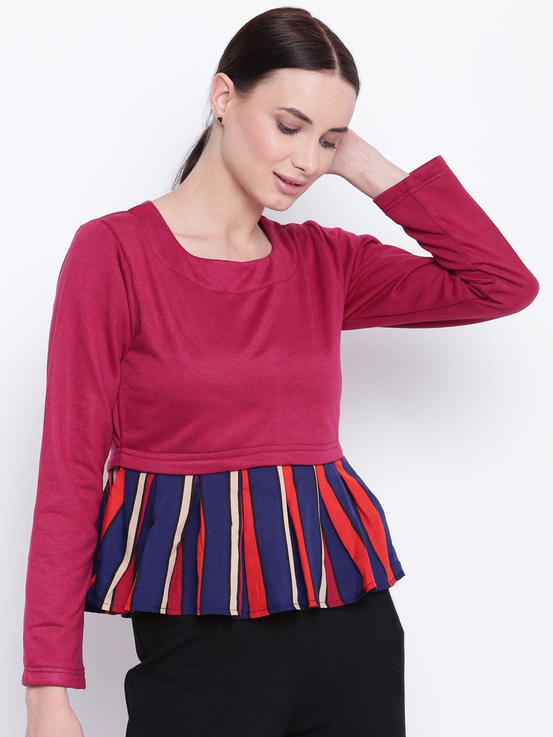 belle fille women maroon & navy blue striped a-line top