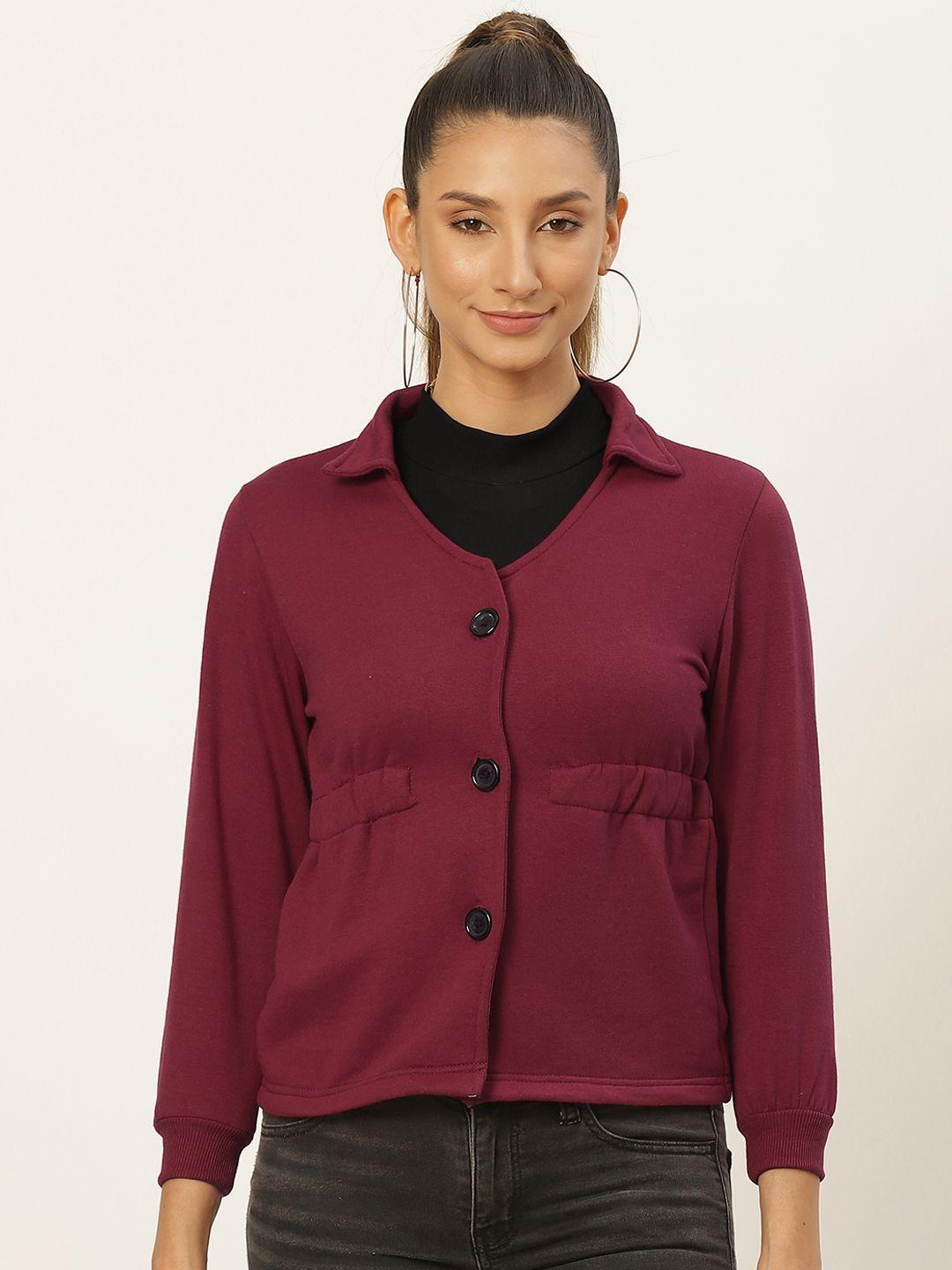 belle fille women maroon solid fleece lightweight tailored jacket