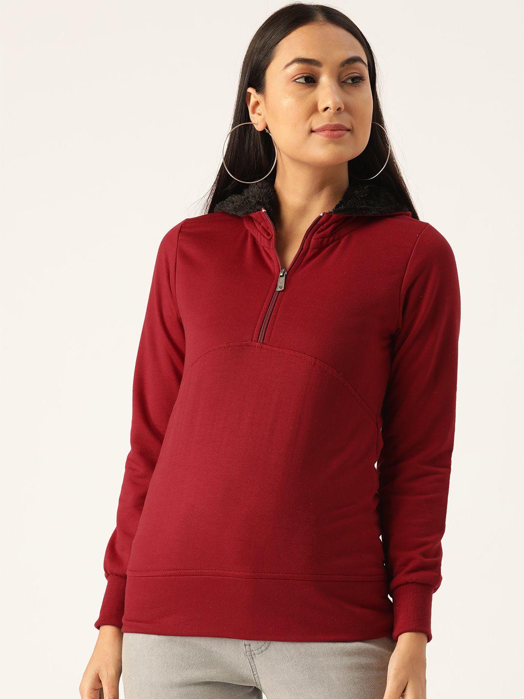 belle fille women maroon solid hooded sweatshirt