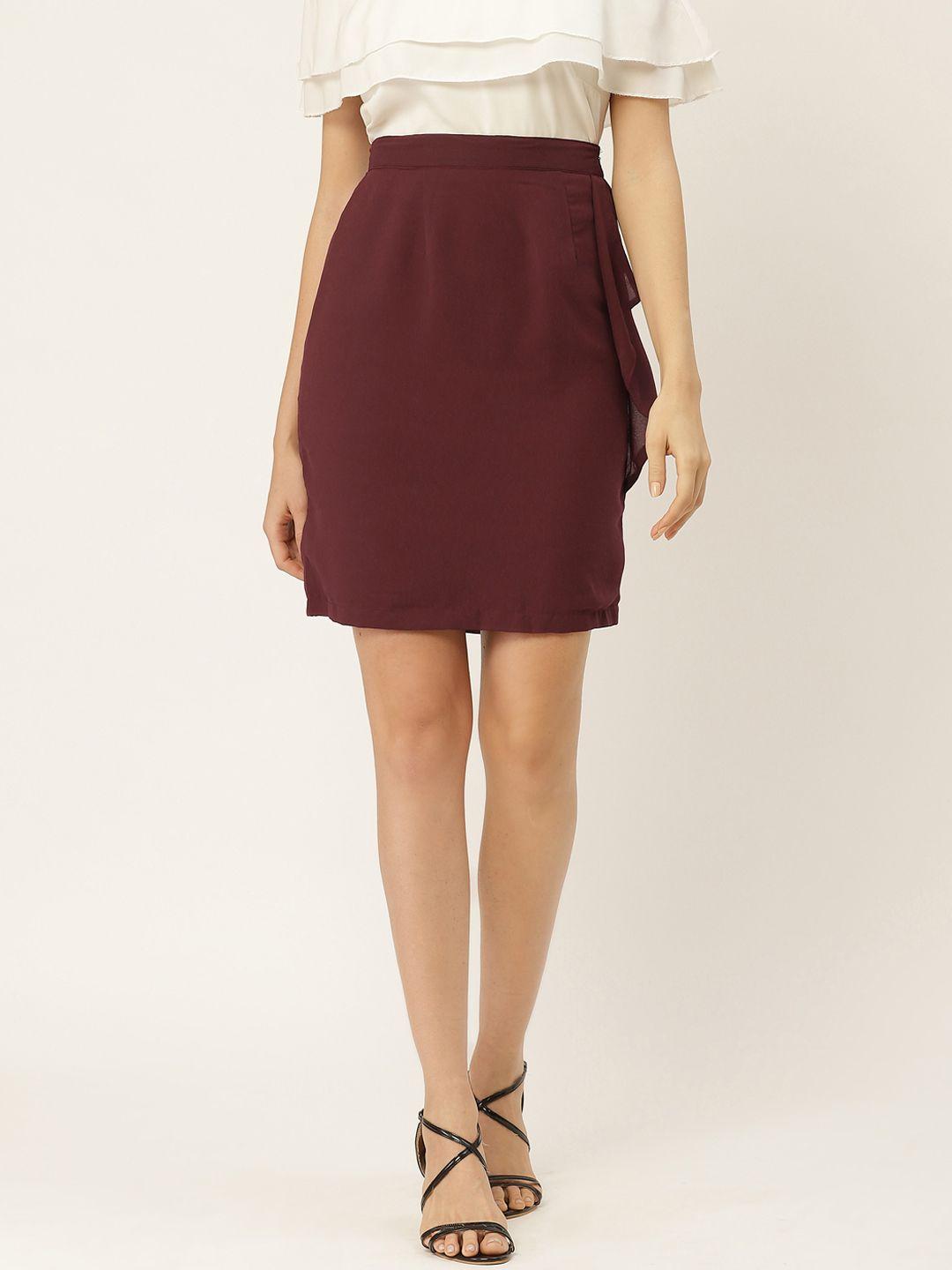 belle fille women maroon solid layered straight skirt