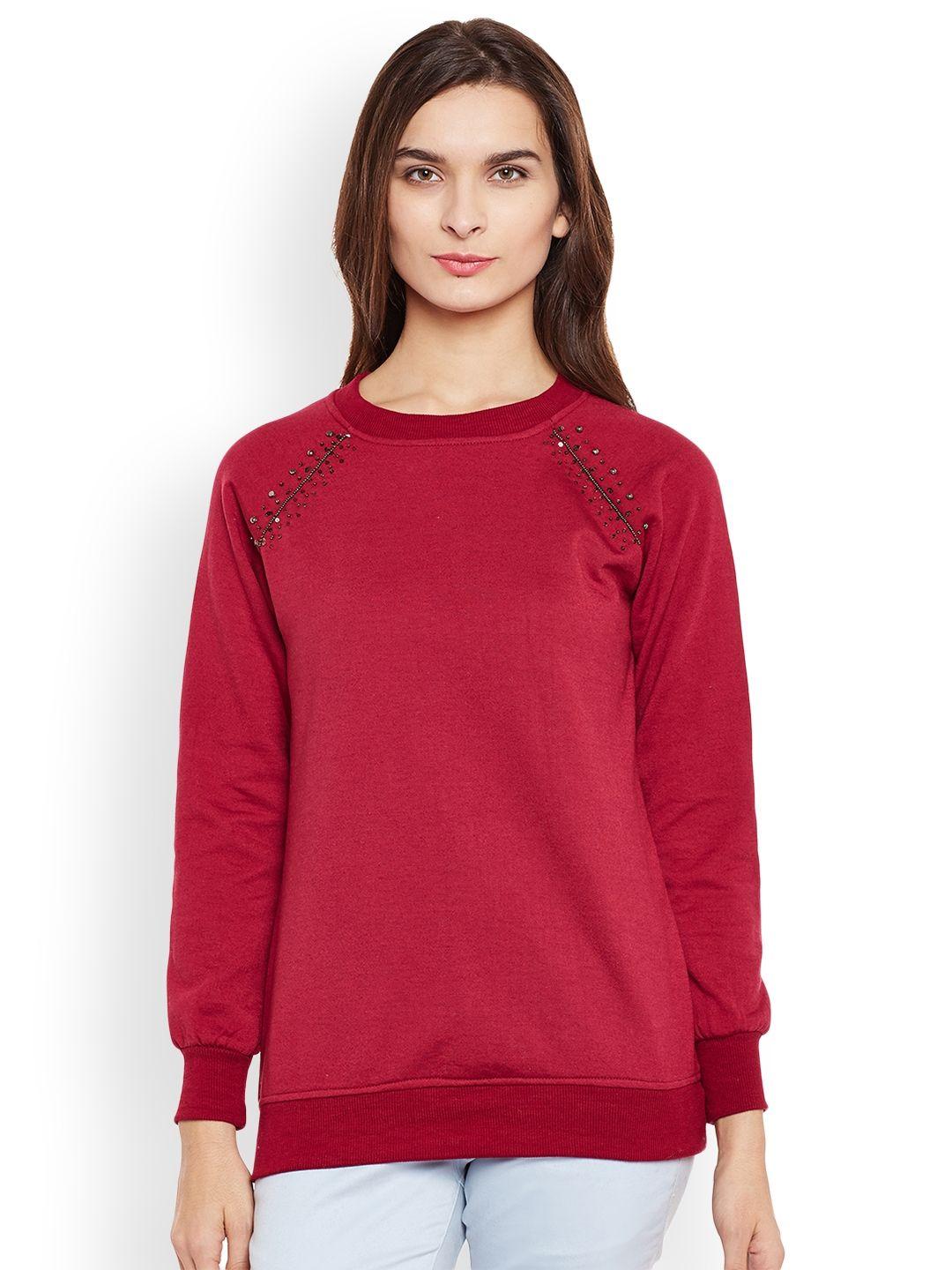 belle fille women maroon solid sweatshirt