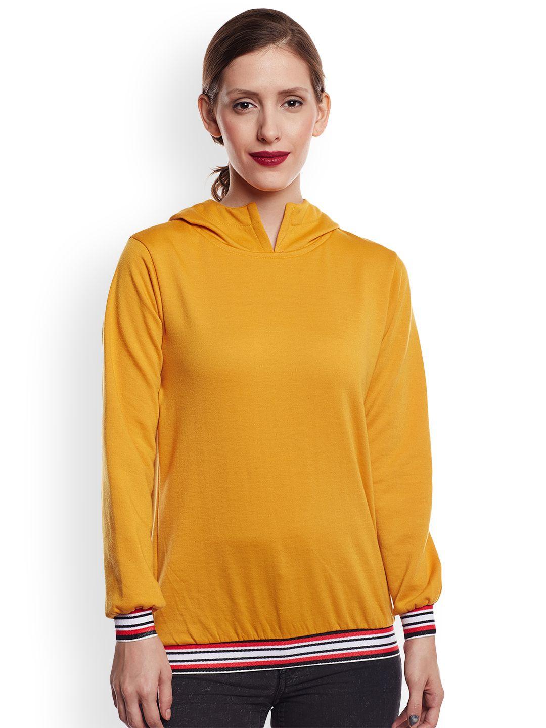 belle fille women mustard yellow solid hooded sweatshirt