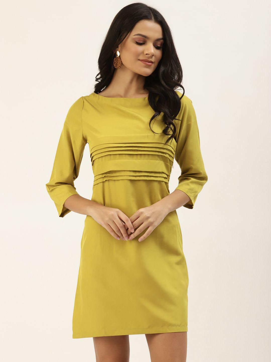 belle fille women mustard yellow solid pleated shift dress