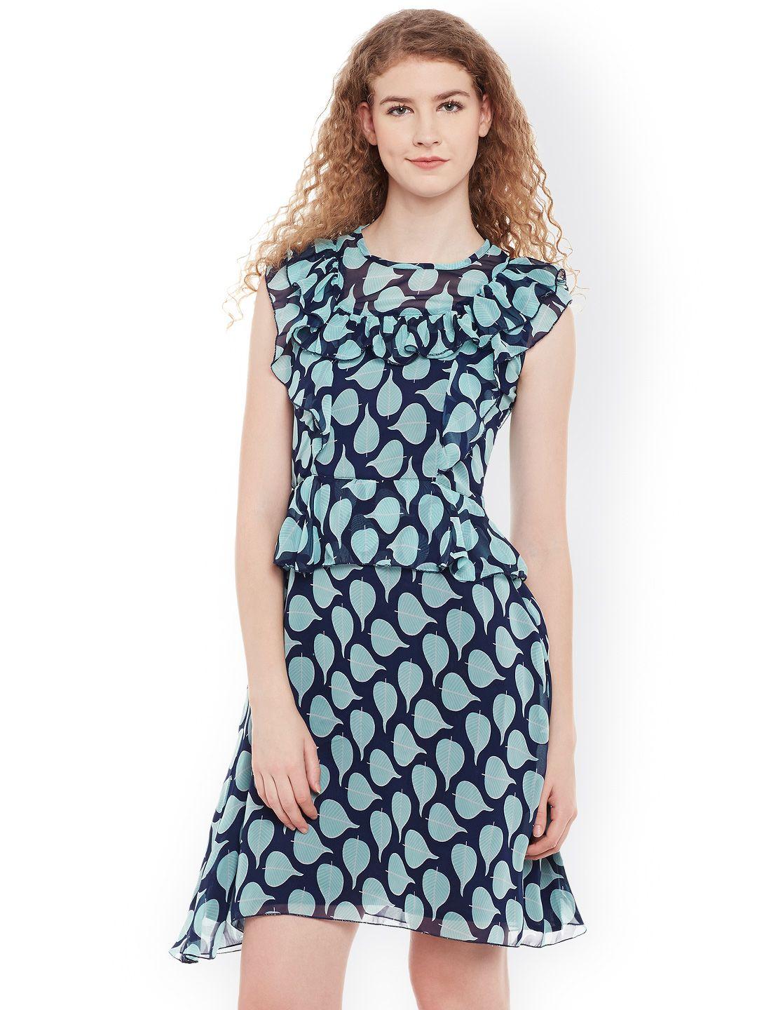 belle fille women navy & green printed fit and flare dress