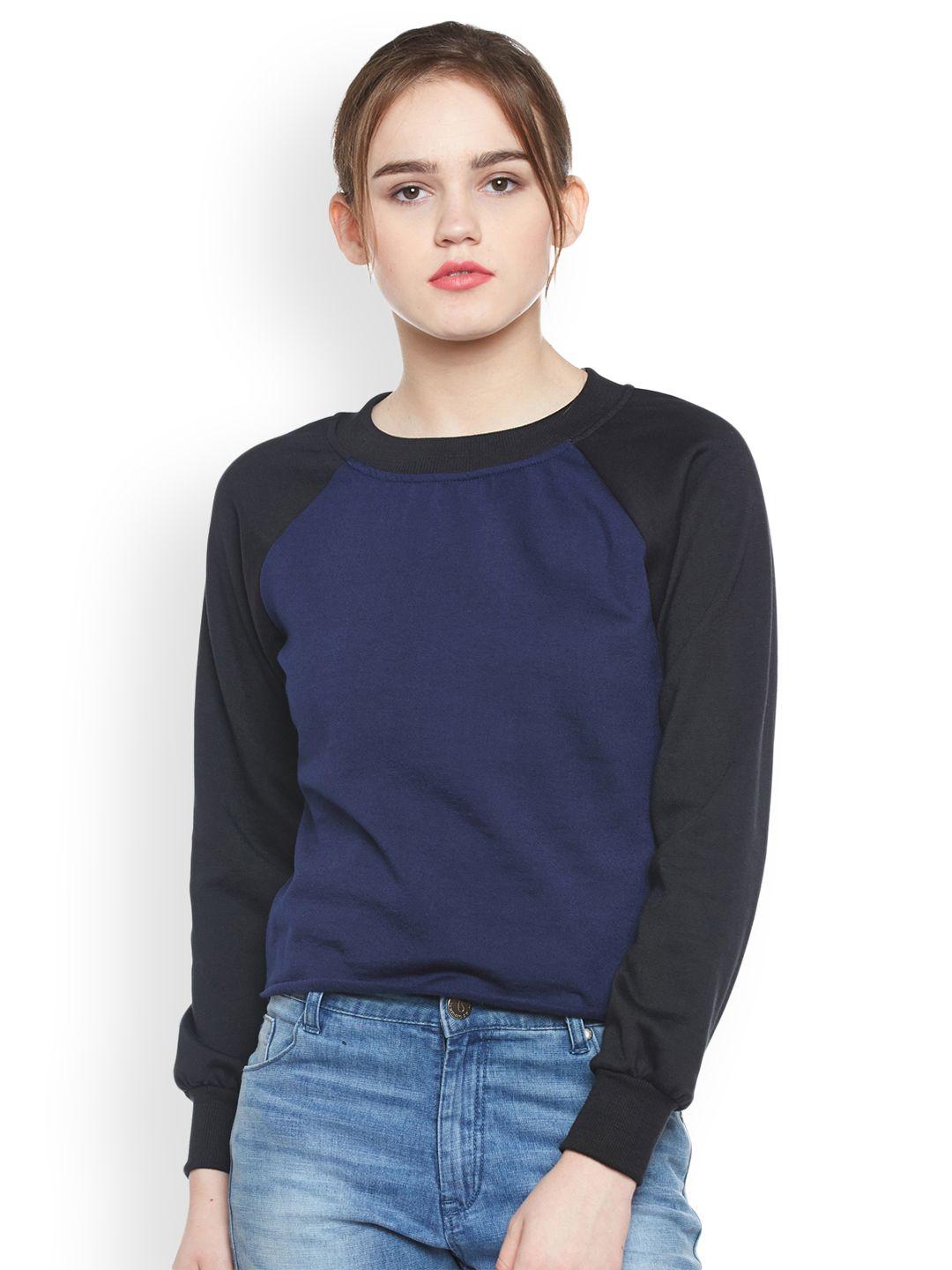 belle fille women navy blue & black solid sweatshirt