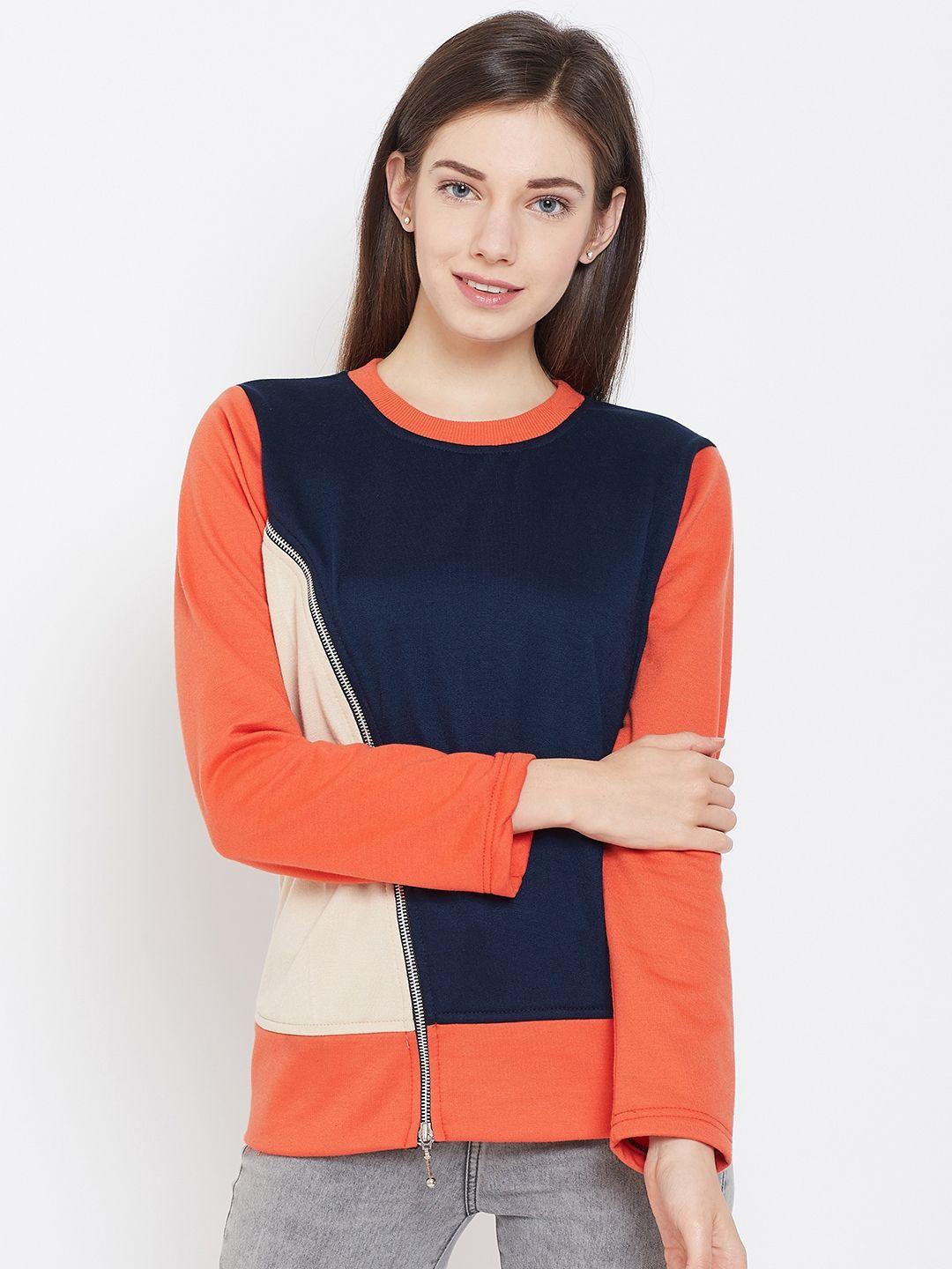 belle fille women navy blue & orange colourblocked sweatshirt