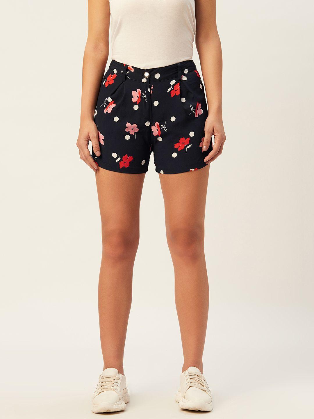 belle fille women navy blue & red floral printed regular fit regular shorts