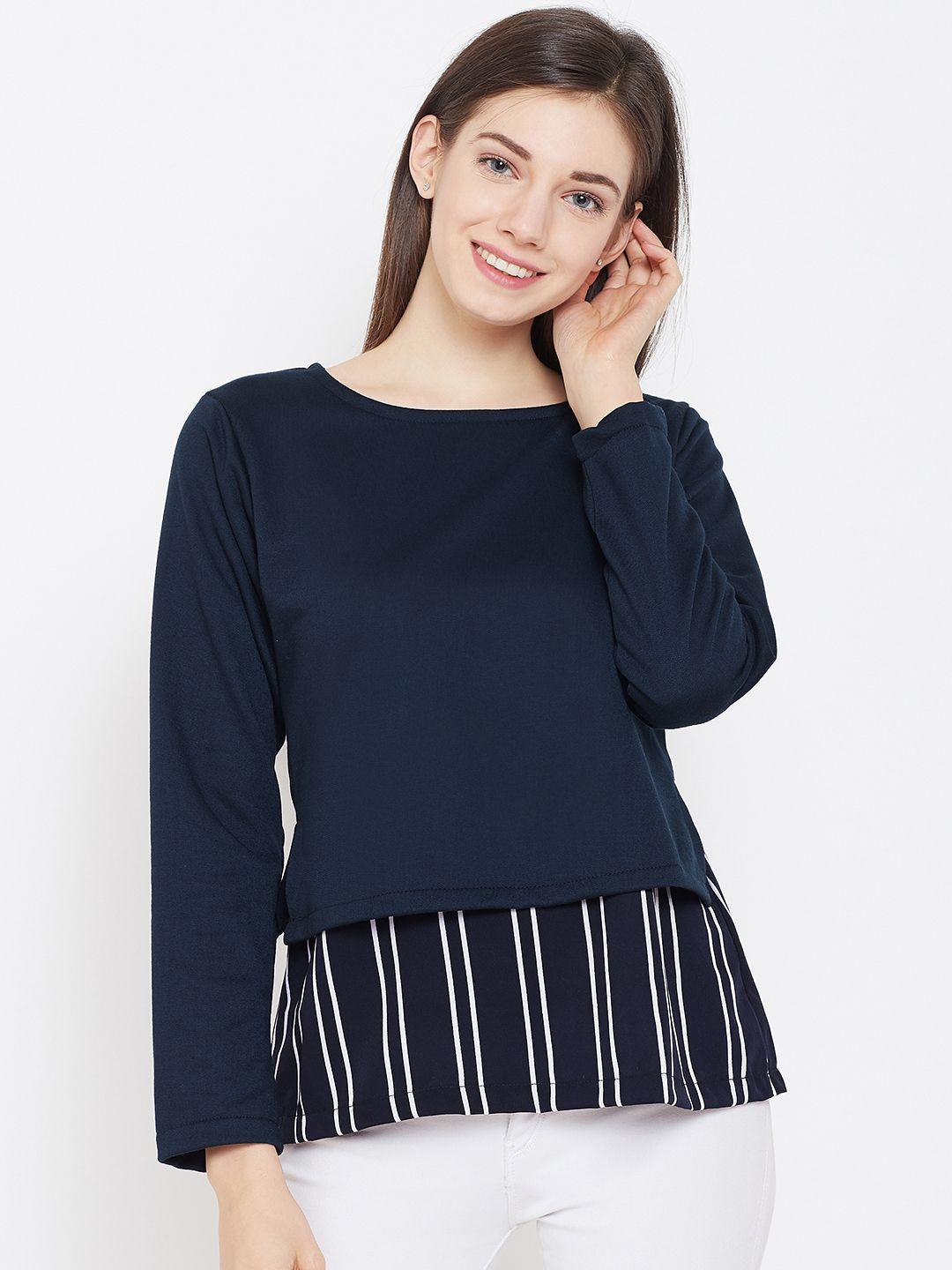 belle fille women navy blue & white solid layered sweatshirt