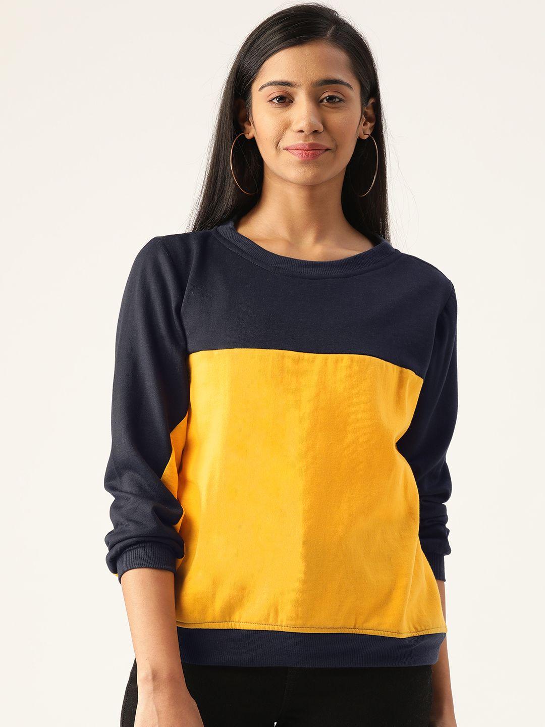 belle fille women navy blue & yellow colourblocked sweatshirt