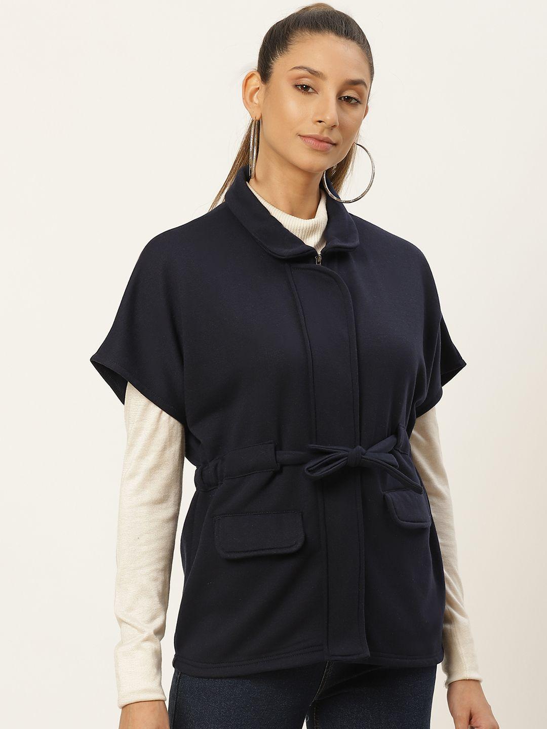 belle fille women navy blue solid fleece lightweight tailored jacket