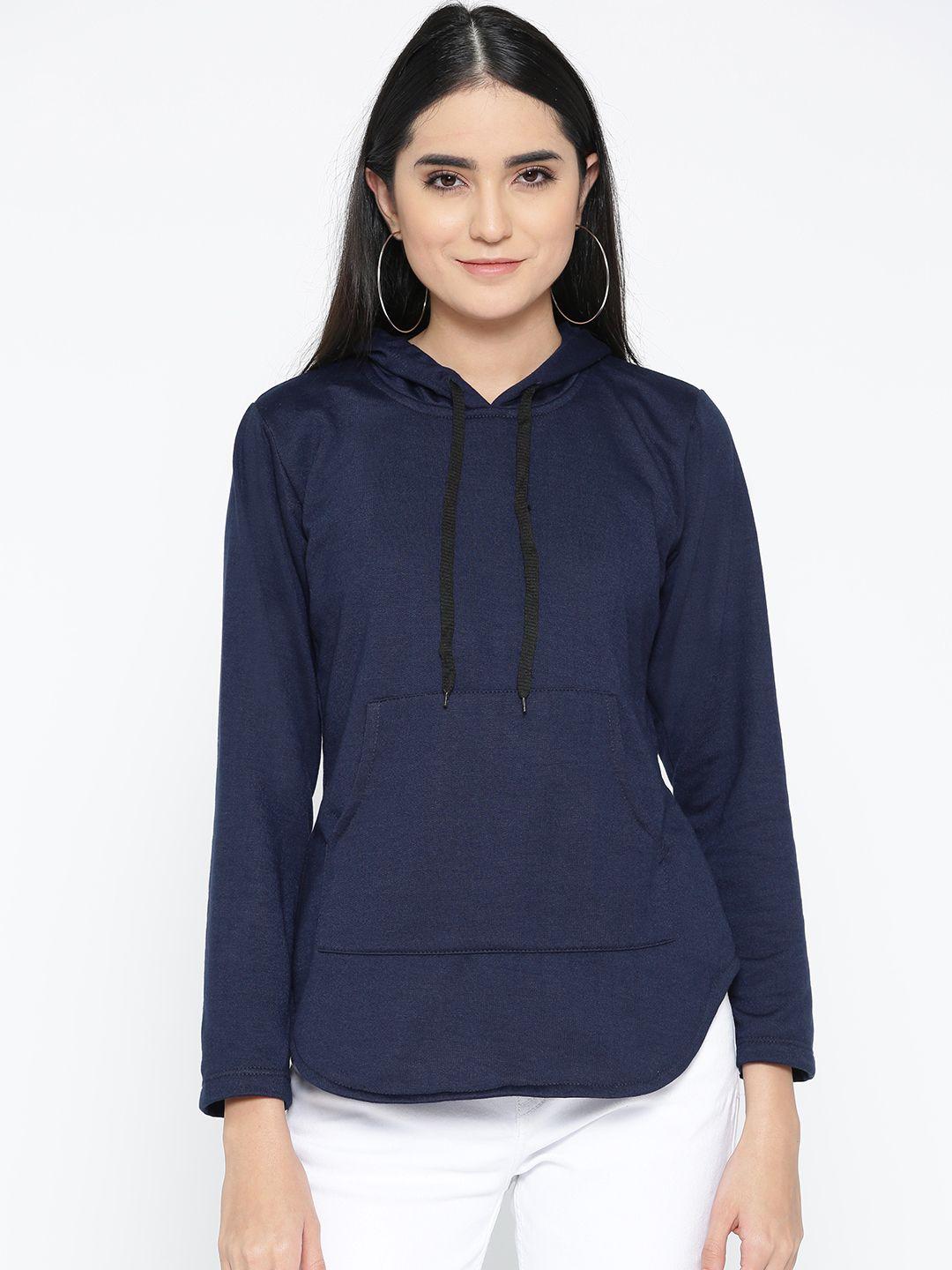 belle fille women navy blue solid hooded sweatshirt