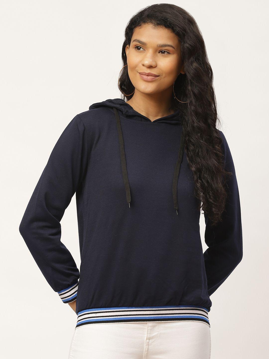 belle fille women navy blue solid hooded sweatshirt
