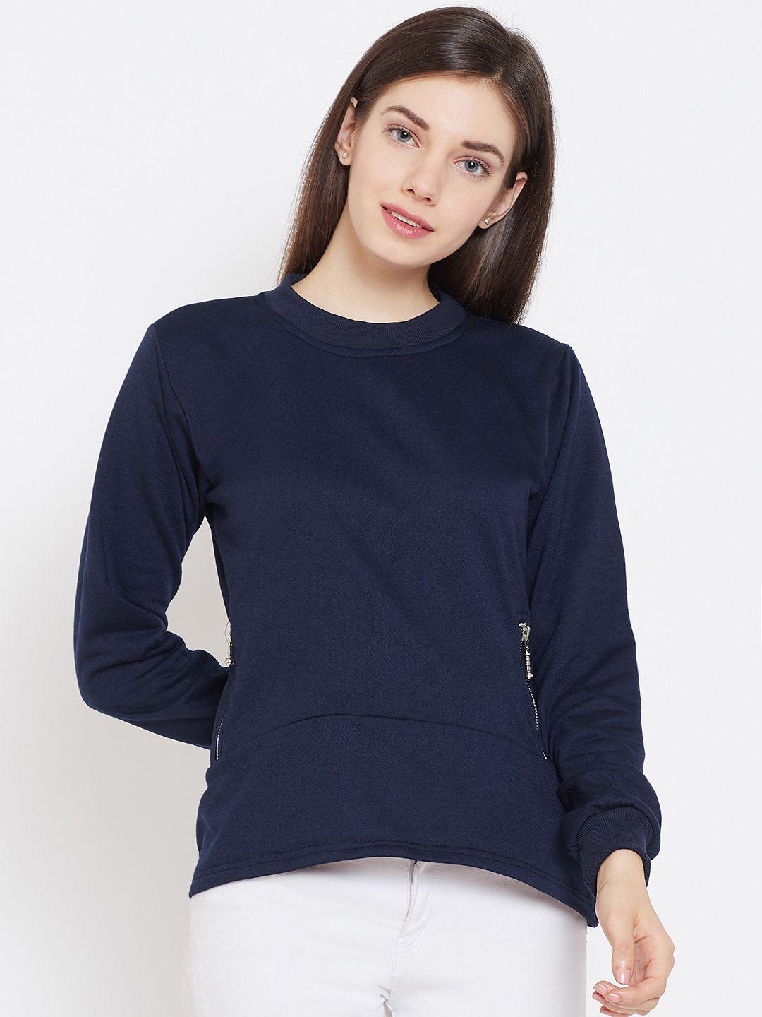 belle fille women navy blue solid sweatshirt