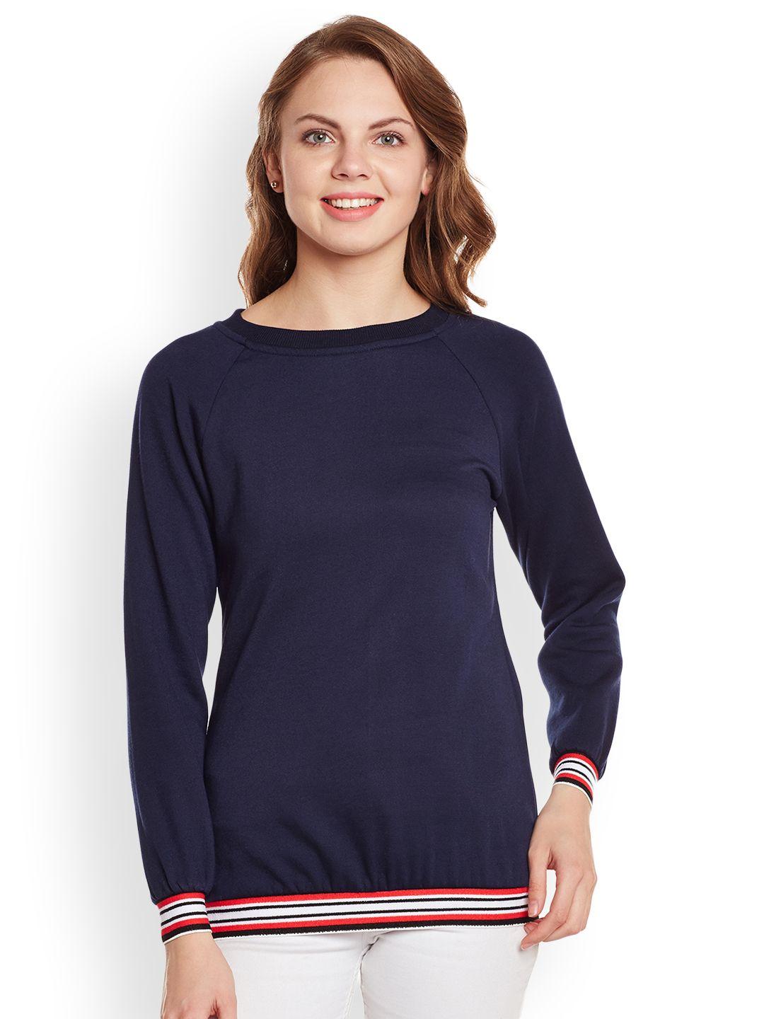 belle fille women navy blue solid sweatshirt