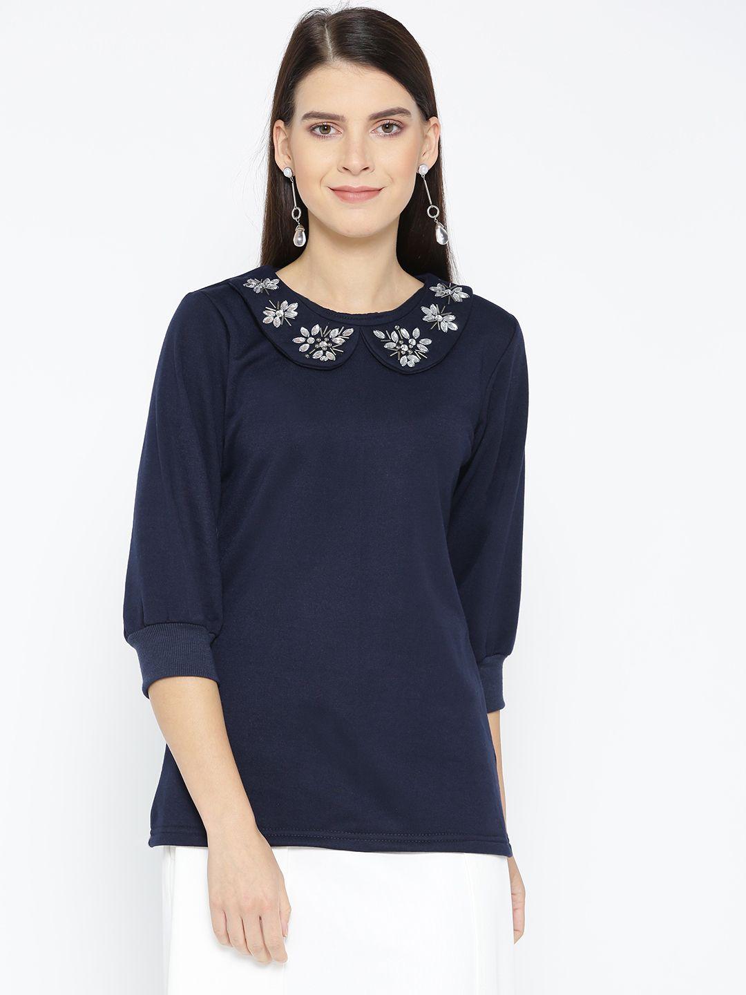 belle fille women navy blue solid top