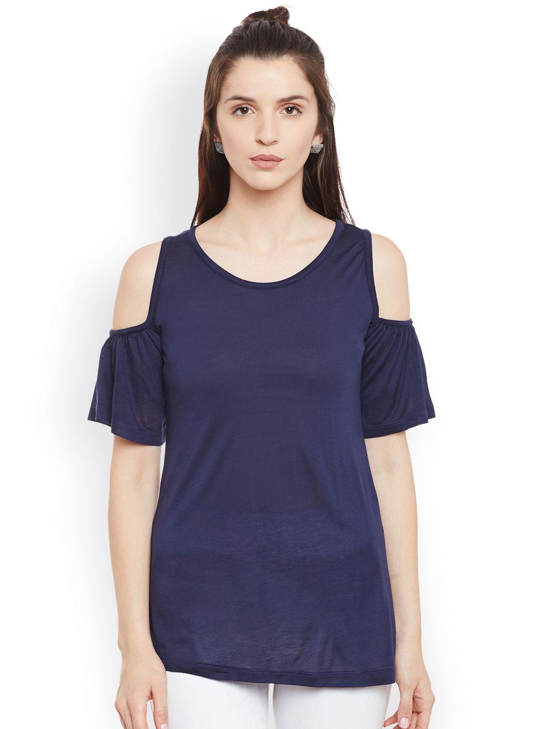 belle fille women navy solid cold shoulder top