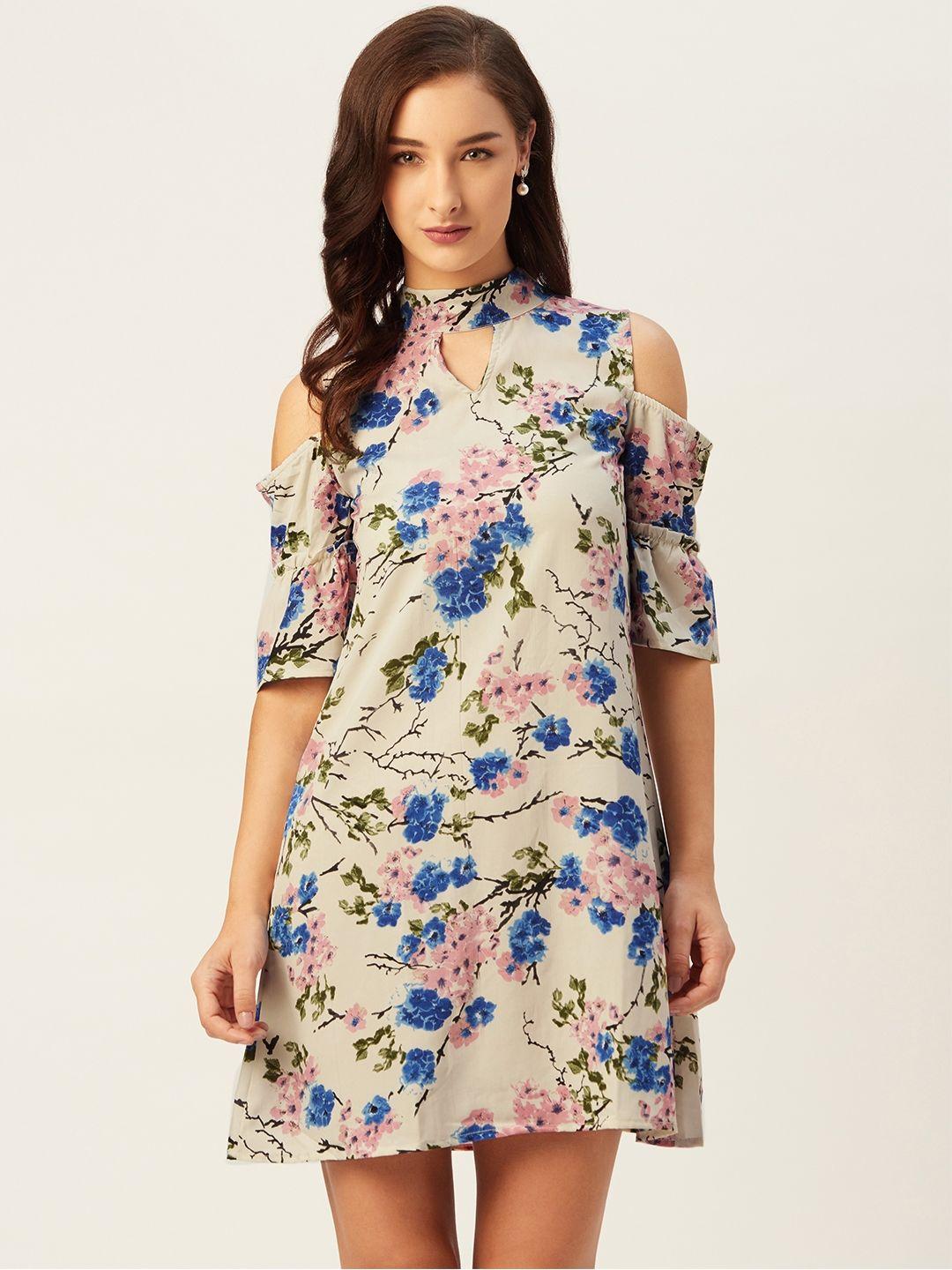 belle fille women off-white & blue floral printed a-line dress with cold-shoulder sleeves