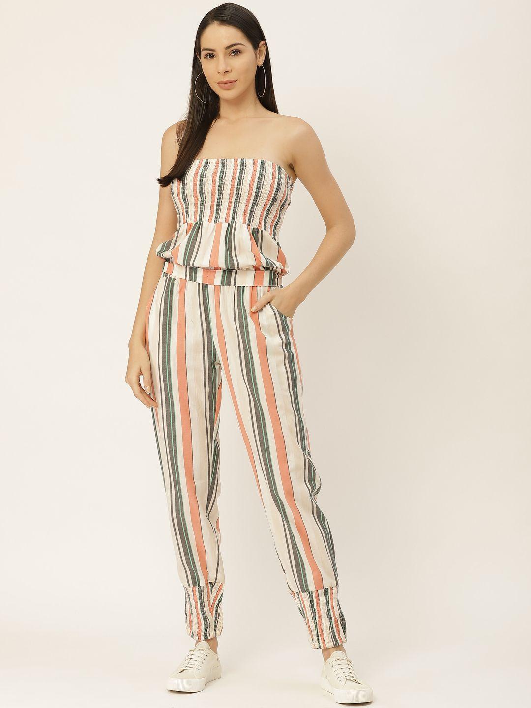 belle fille women off-white & peach-coloured cotton striped basic strapless jumpsuit