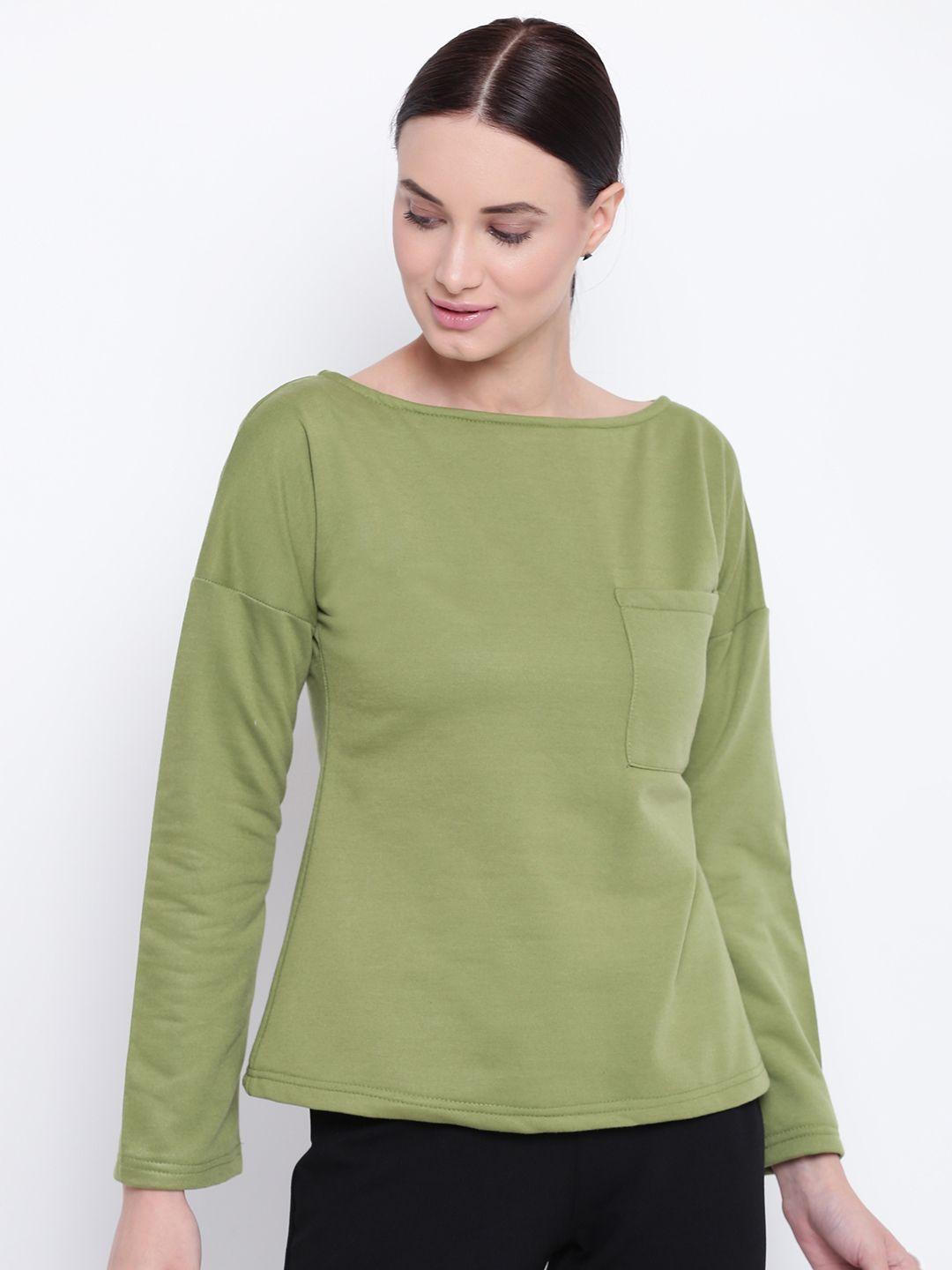 belle fille women olive green solid styled back winter top