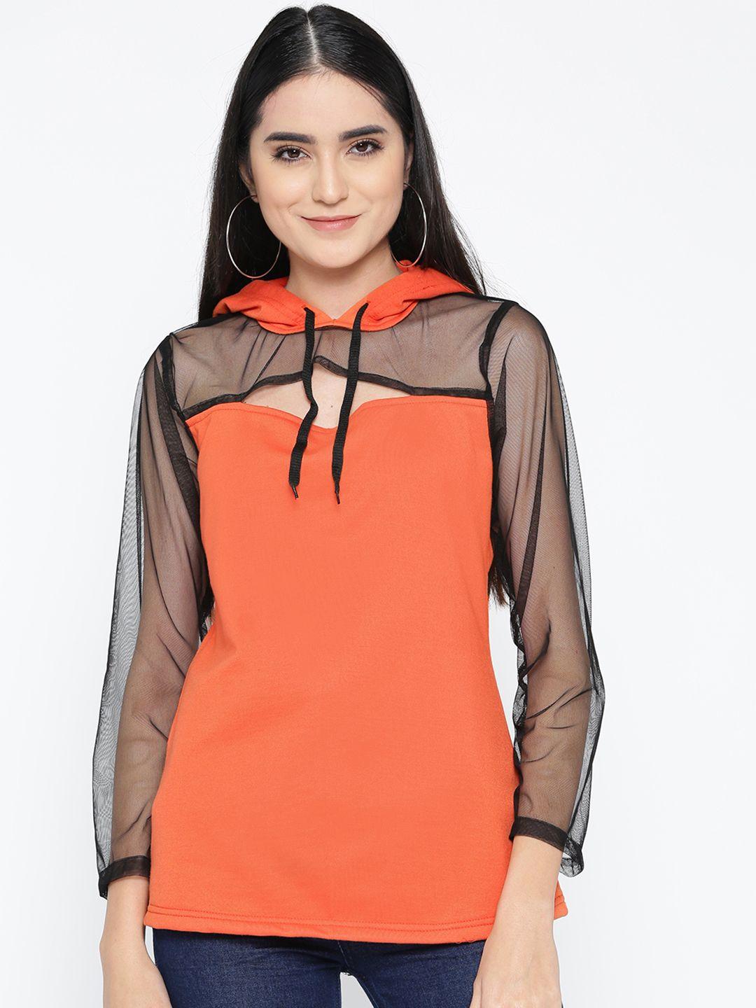 belle fille women orange & black semi-sheer solid hooded sweatshirt