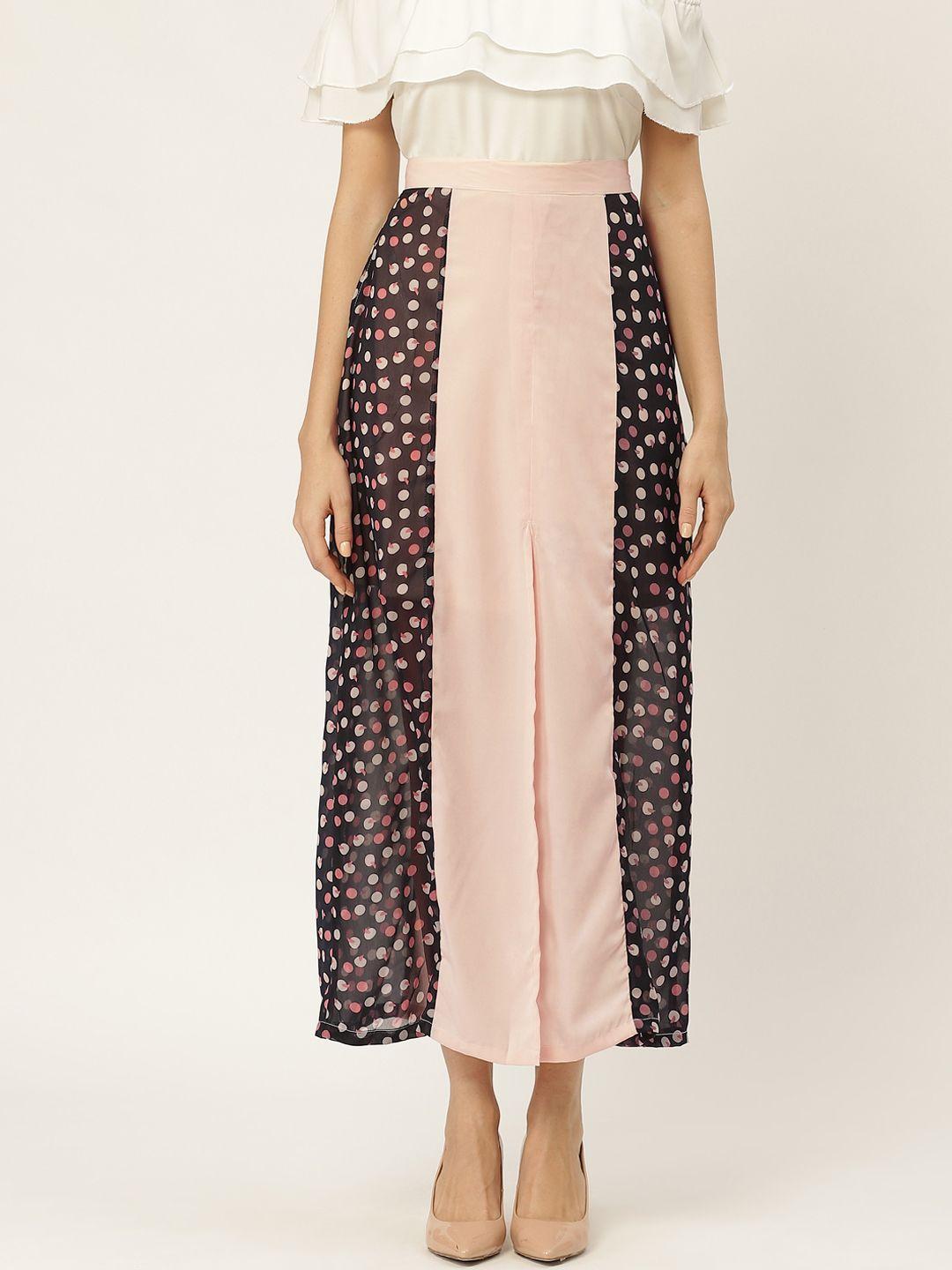 belle fille women peach-colored & navy blue printed maxi a-line skirt