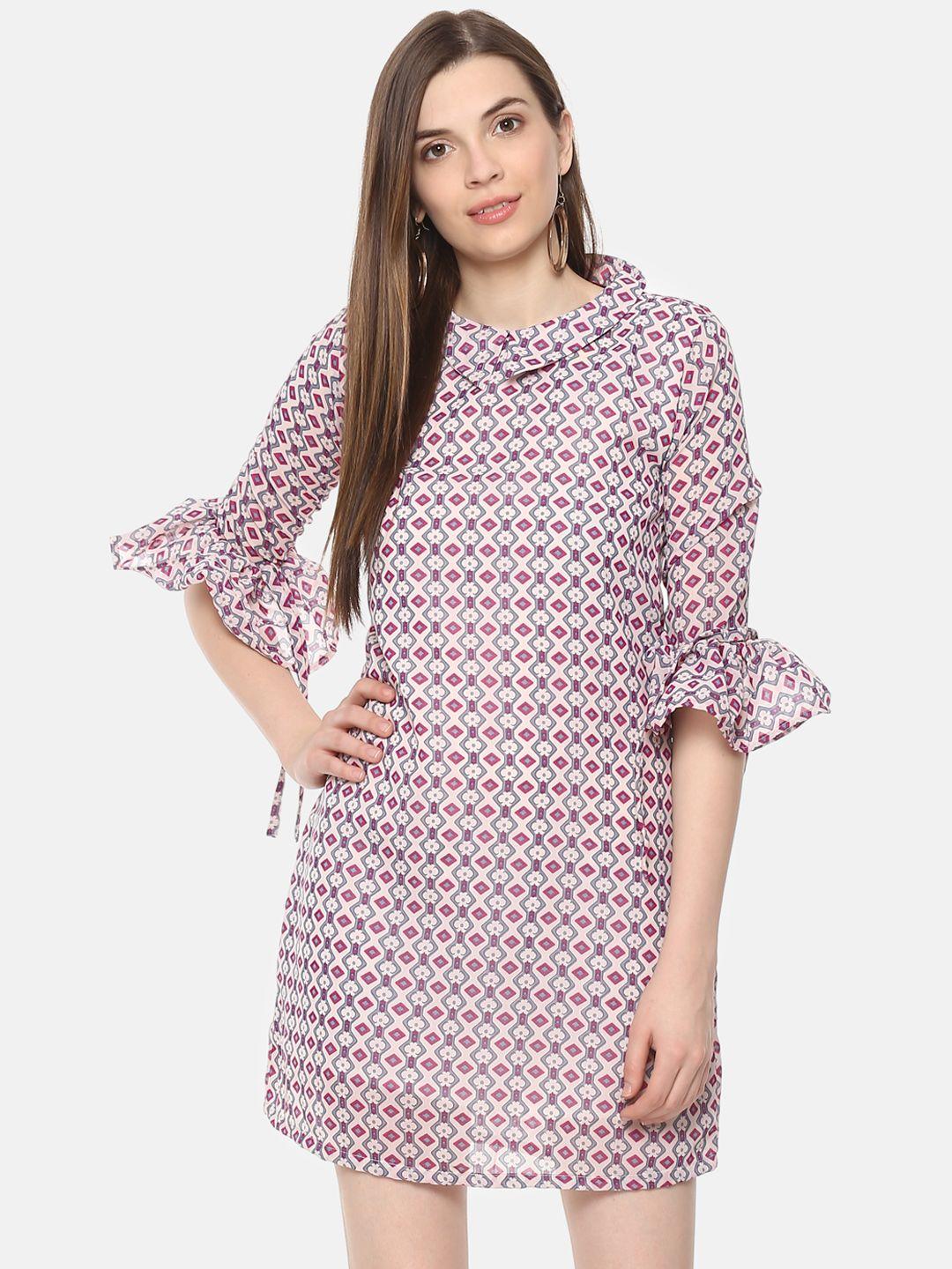 belle fille women peach-coloured & magenta printed a-line dress