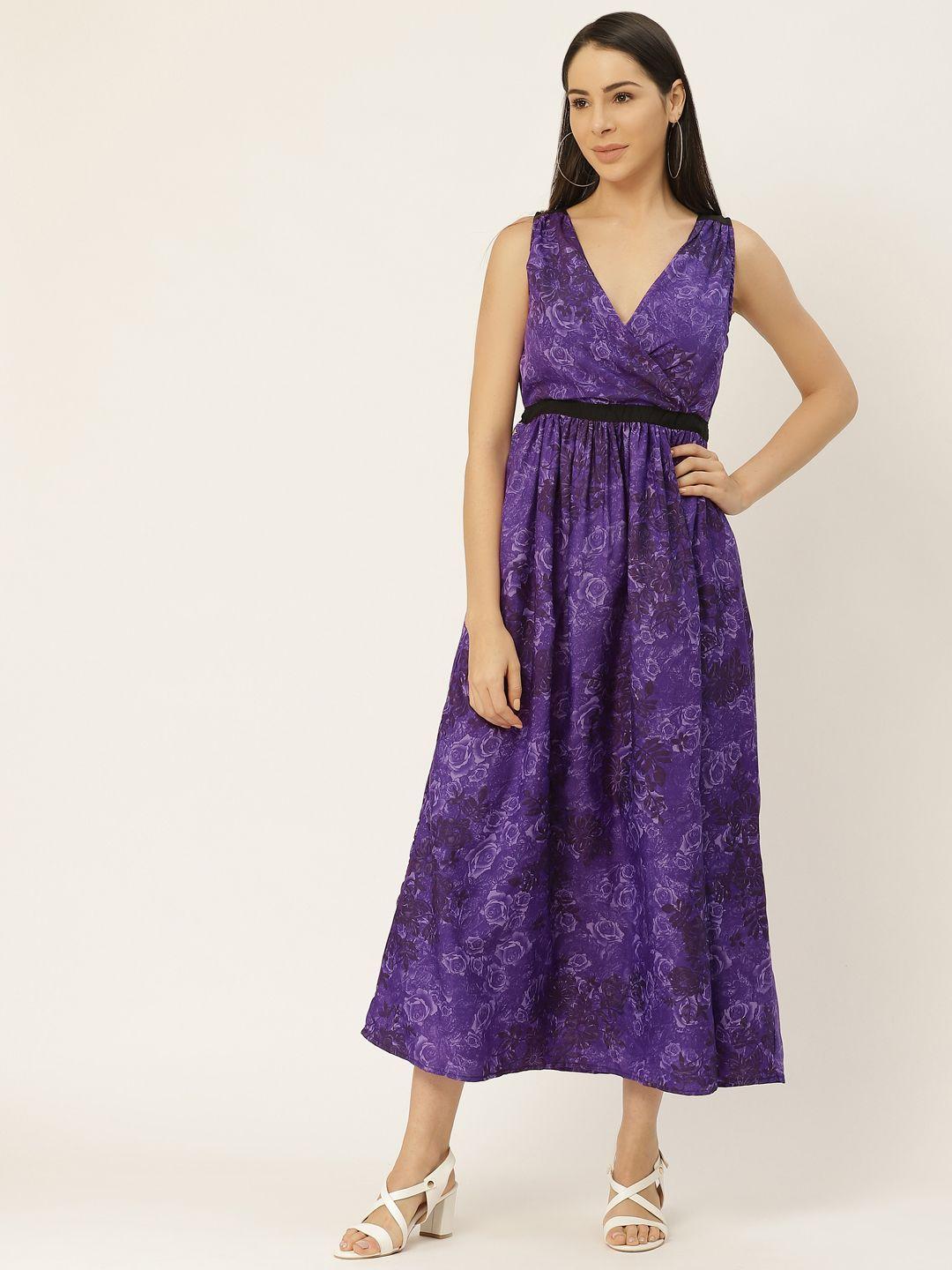 belle fille women purple printed lace detail georgette maxi dress
