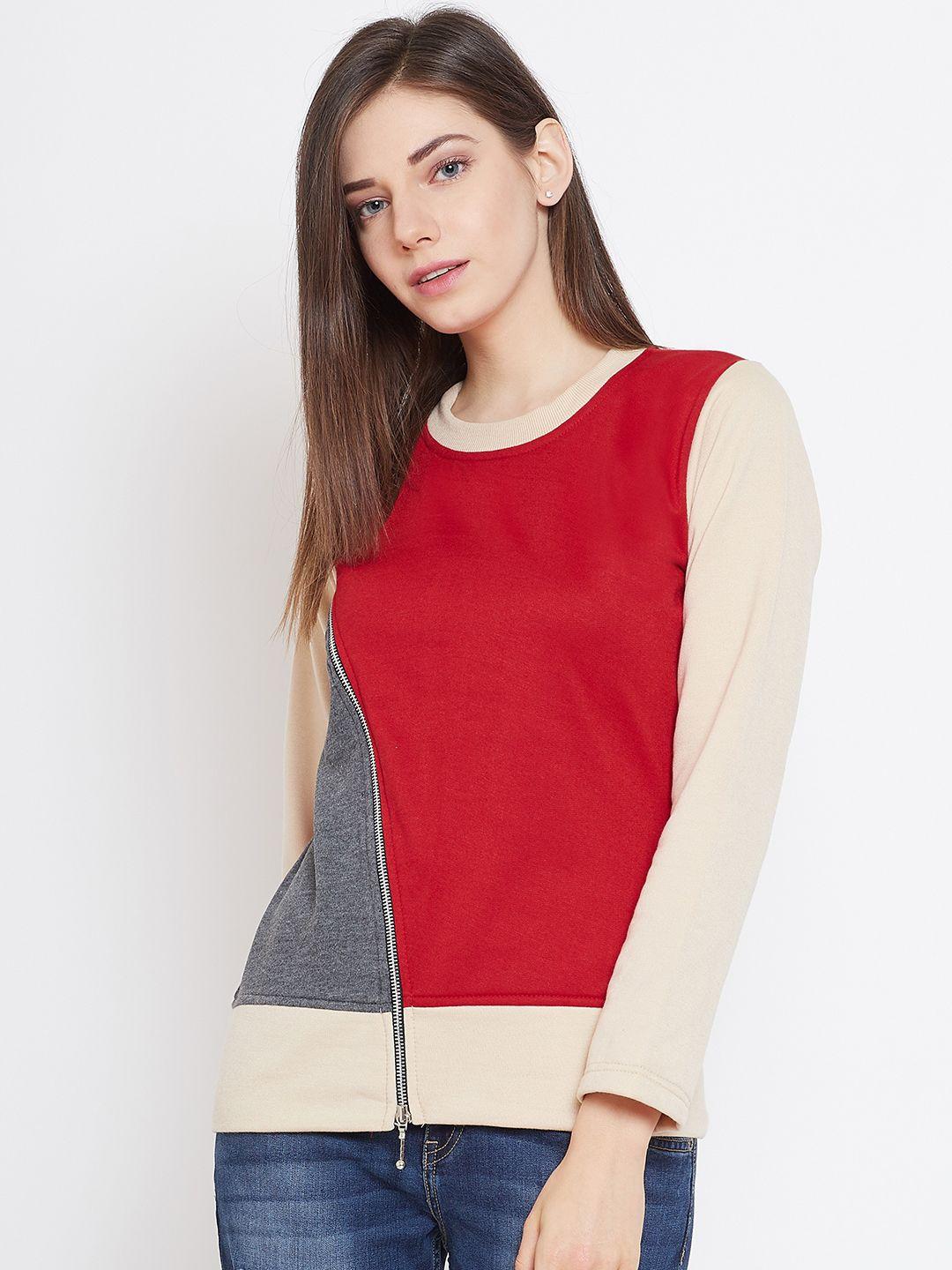 belle fille women red & charcoal grey colourblocked sweatshirt