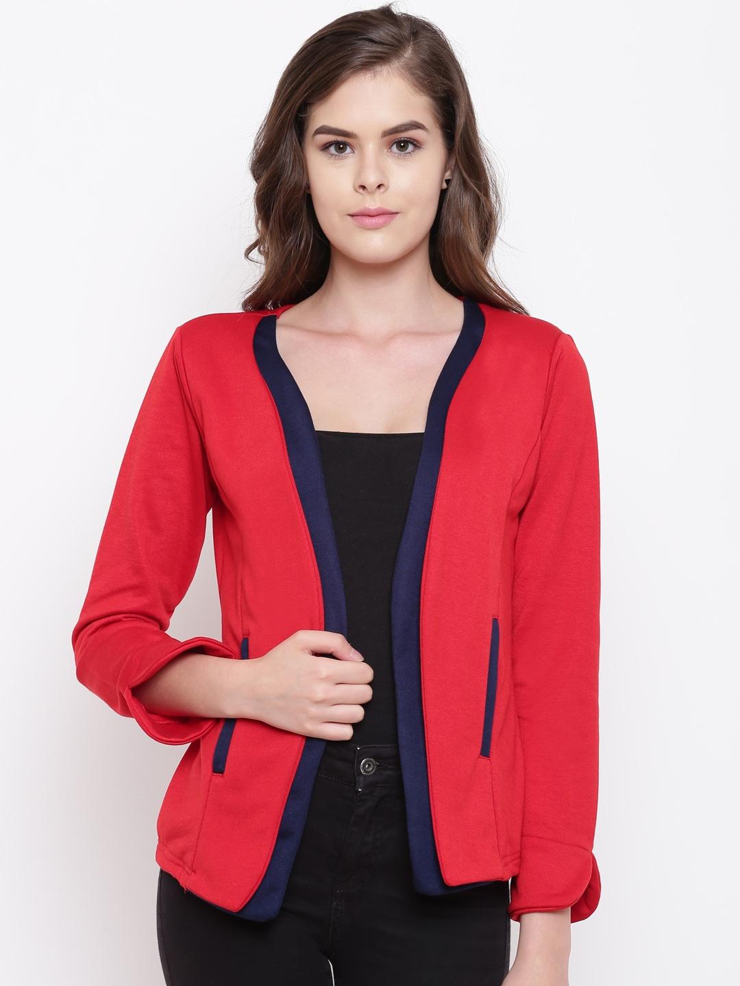 belle fille women red & navy blue solid tailored jacket