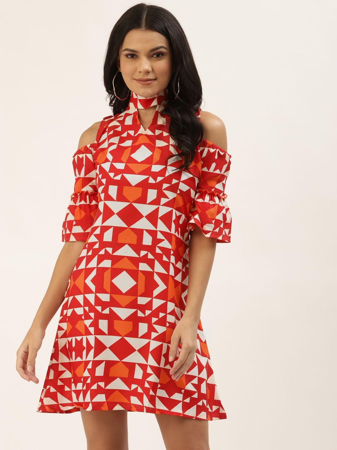 belle fille women red & off-white geometric print a-line dress