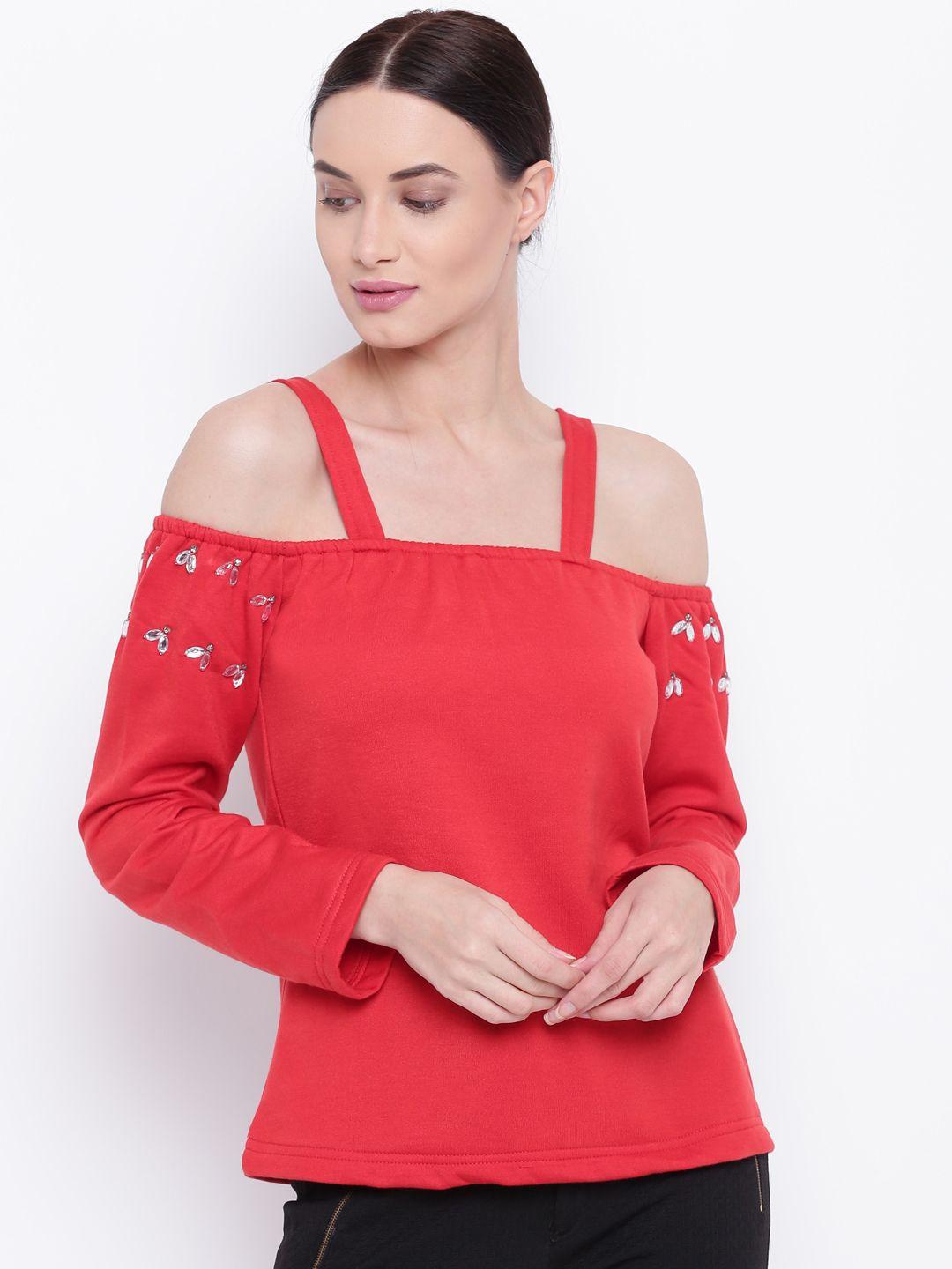 belle fille women red solid bardot top