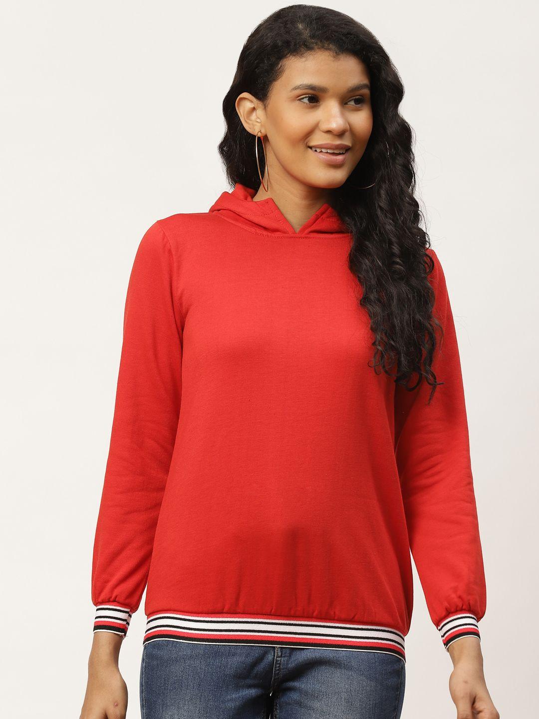belle fille women red solid hooded sweatshirt