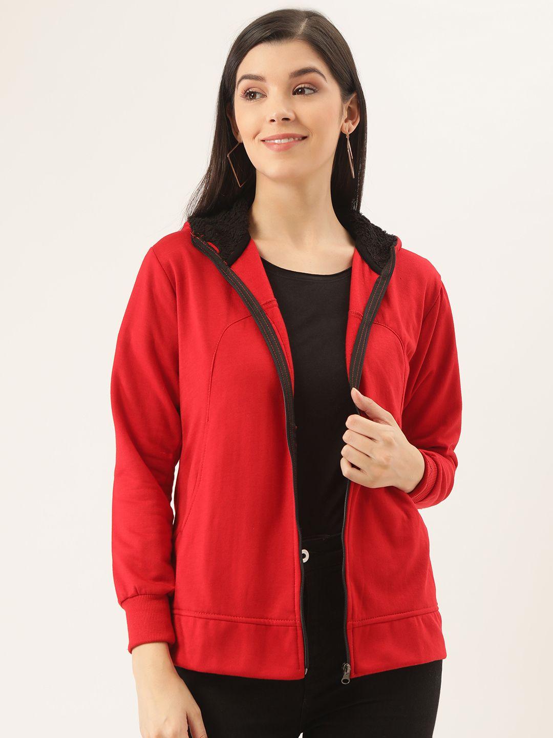 belle fille women red solid tailored hooded jacket