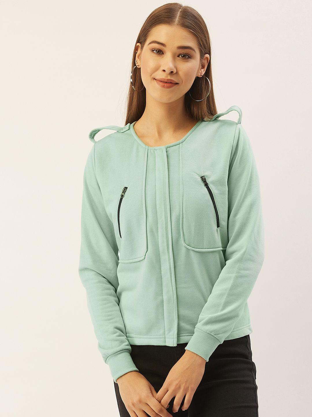 belle fille women sea green solid fleece lightweight tailored jacket