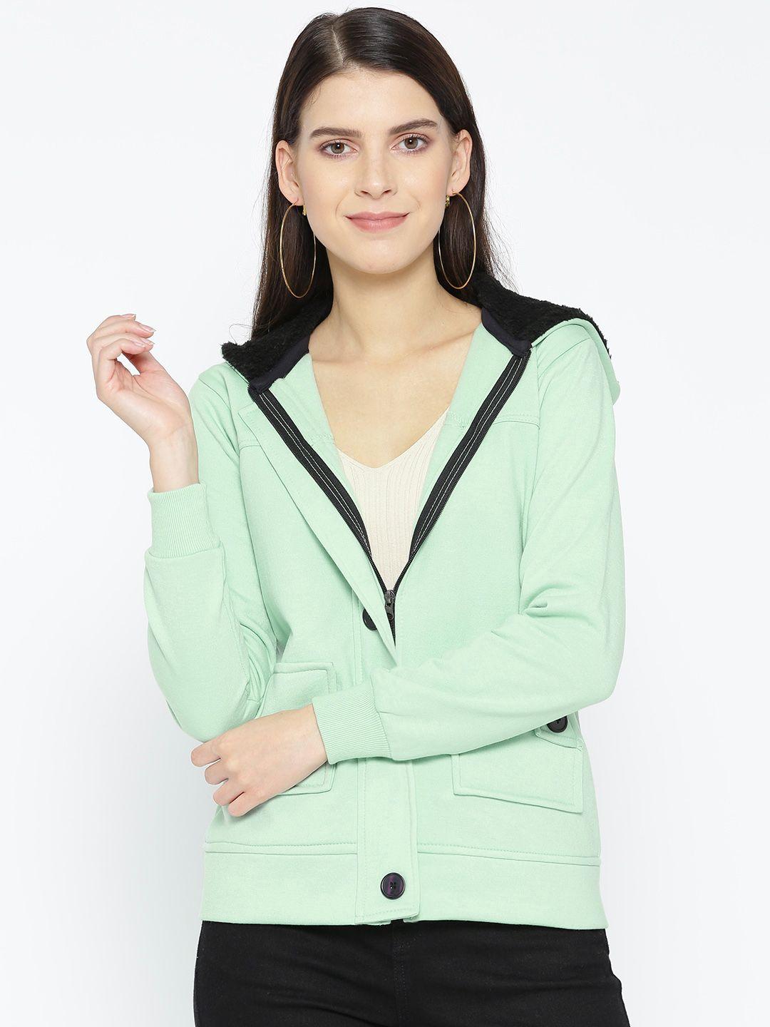 belle fille women sea green solid lightweight tailored hooded jacket