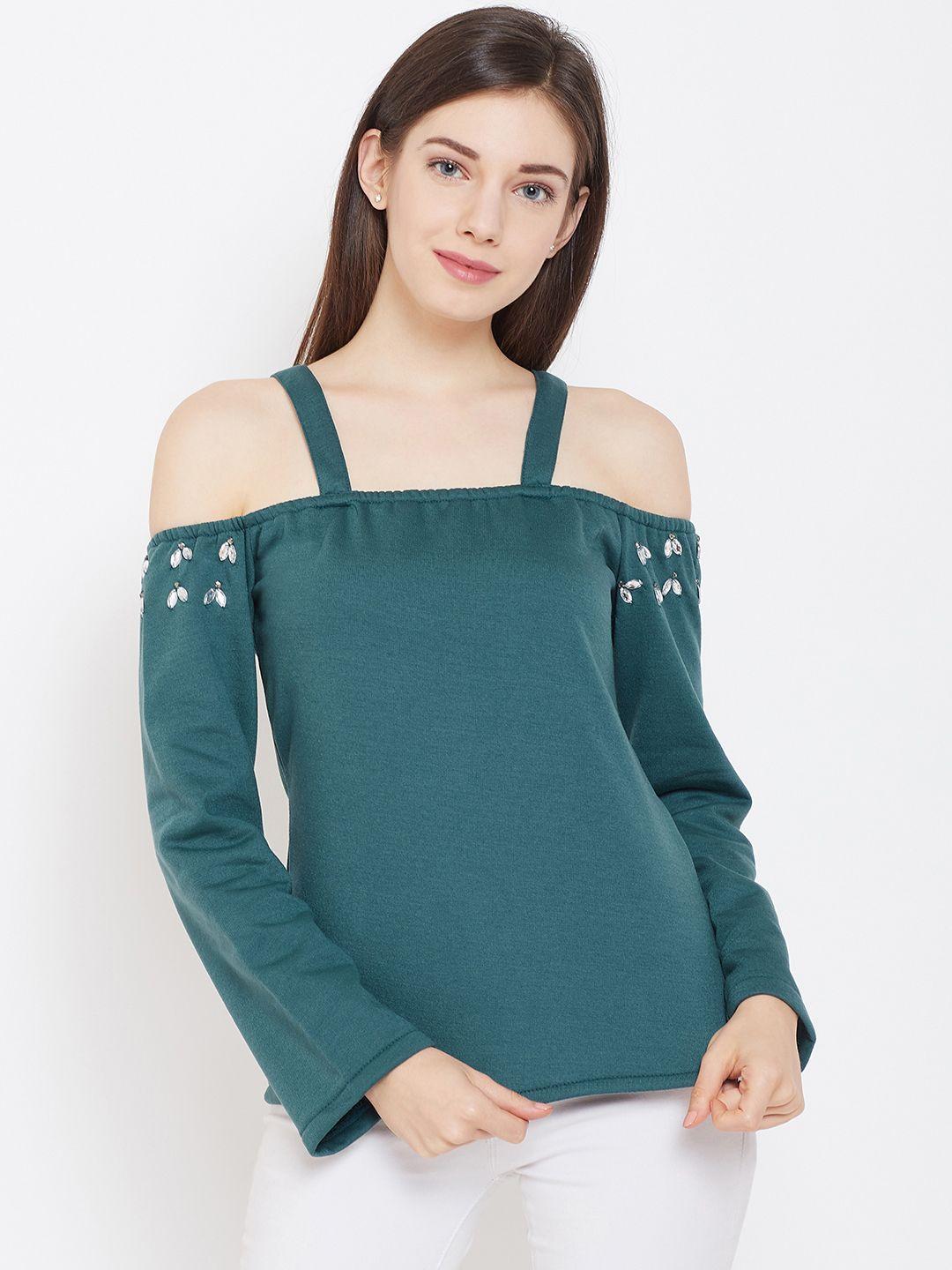 belle fille women teal green solid bardot top