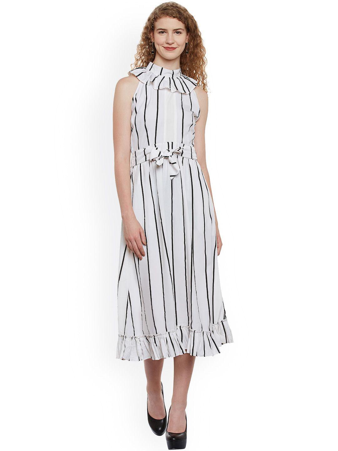 belle fille women white & black striped fit & flare midi dress