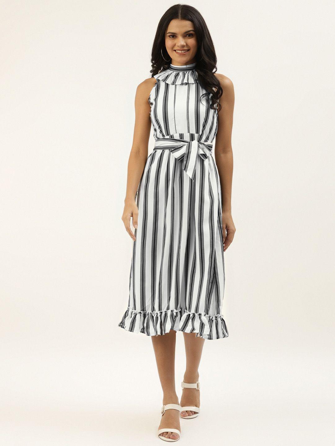 belle fille women white & black striped ruffled midi a-line dress with tie-ups